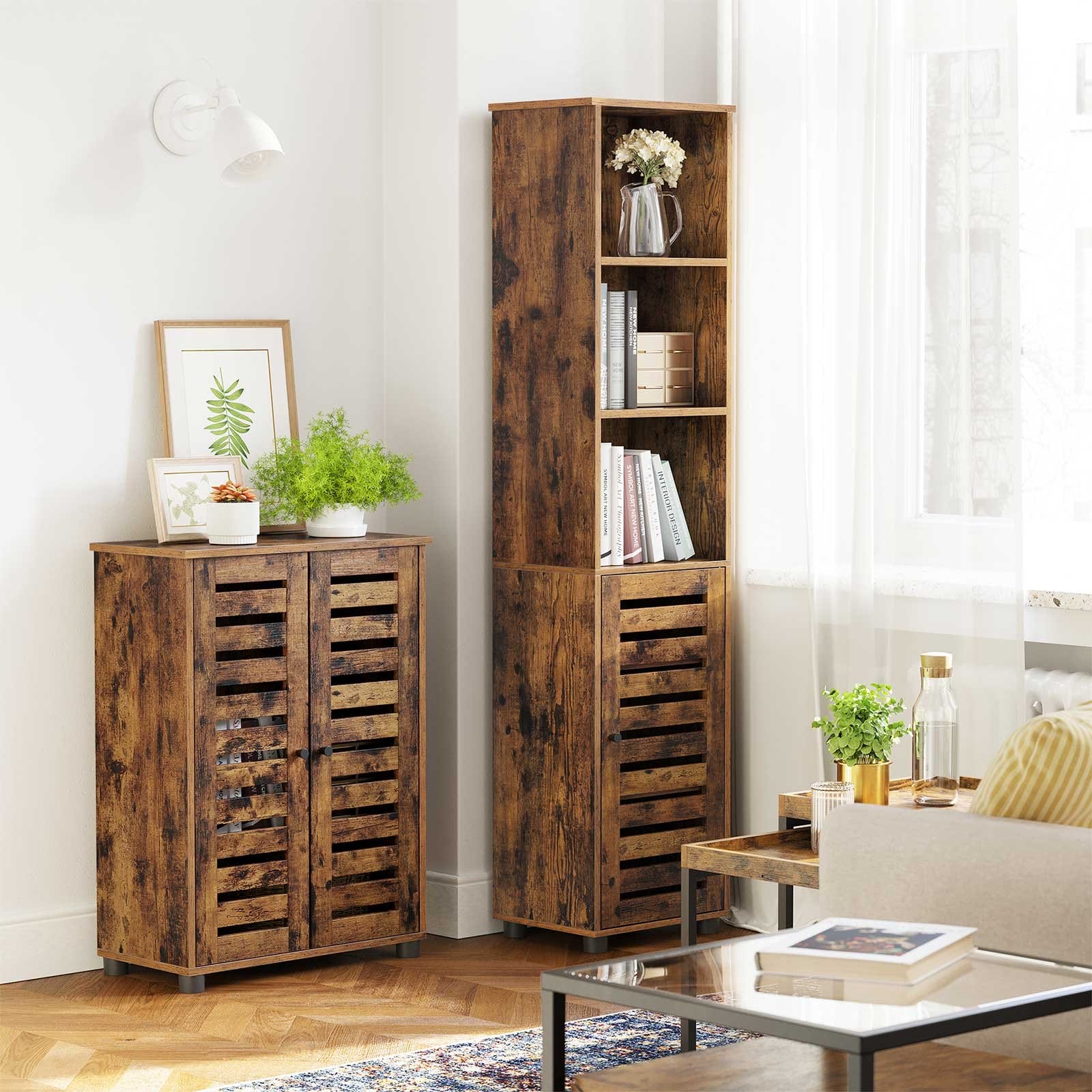 VASAGLE Bathroom Floor Cabinet, Storage Cabinet Unit, Multipurpose Cabinet, with 2 Louvred Doors, Adjustable Shelf, Sideboard, for Bedroom, Living Room, Kitchen, Rustic Brown BBK142X01 3 VASAGLE Bathroom Floor Cabinet, Storage Cabinet Unit, Multipurpose Cabinet, with 2 Louvred Doors, Adjustable Shelf, Sideboard, for Bedroom, Living Room, Kitchen, Rustic Brown BBK142X01 - Billede 3