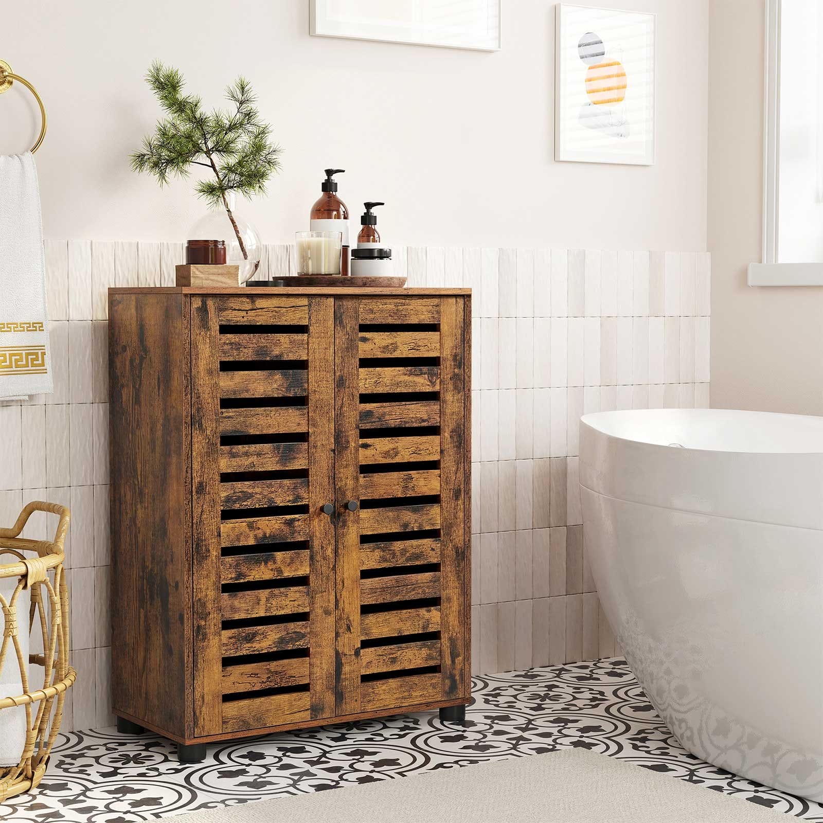 VASAGLE Bathroom Floor Cabinet, Storage Cabinet Unit, Multipurpose Cabinet, with 2 Louvred Doors, Adjustable Shelf, Sideboard, for Bedroom, Living Room, Kitchen, Rustic Brown BBK142X01 4 VASAGLE Bathroom Floor Cabinet, Storage Cabinet Unit, Multipurpose Cabinet, with 2 Louvred Doors, Adjustable Shelf, Sideboard, for Bedroom, Living Room, Kitchen, Rustic Brown BBK142X01 - Billede 4