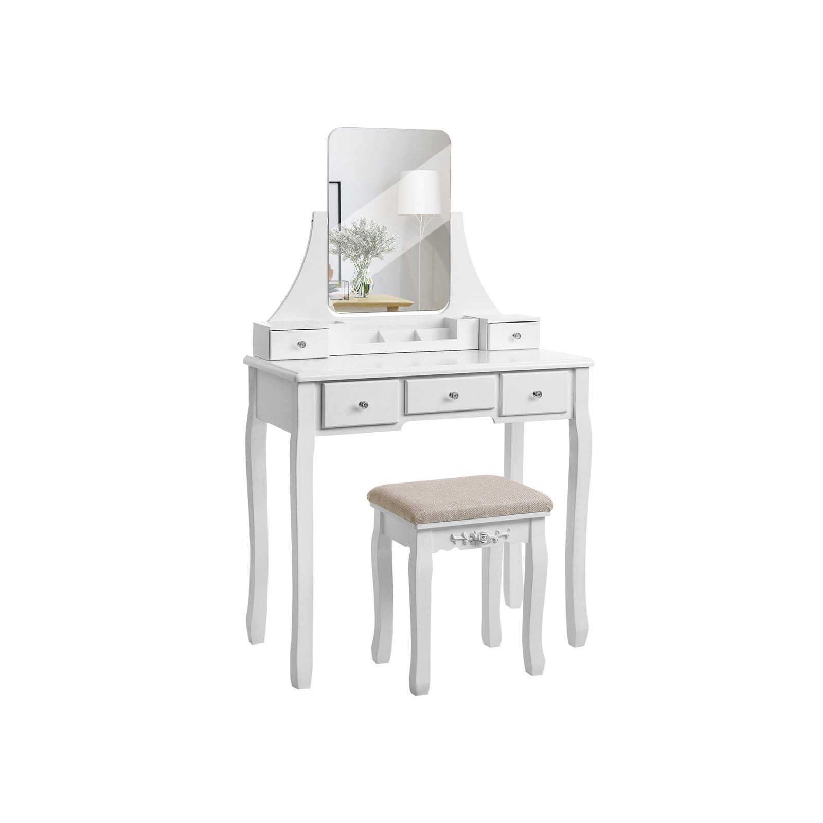 VASAGLE Vanity Set, Dressing Table Set with Large Frameless Mirror for Makeup, 5 Drawers and a Removable Storage Organiser, Cushioned Stool, Black RDT25BK 1 VASAGLE Vanity Set, Dressing Table Set with Large Frameless Mirror for Makeup, 5 Drawers and a Removable Storage Organiser, Cushioned Stool, Black RDT25BK
