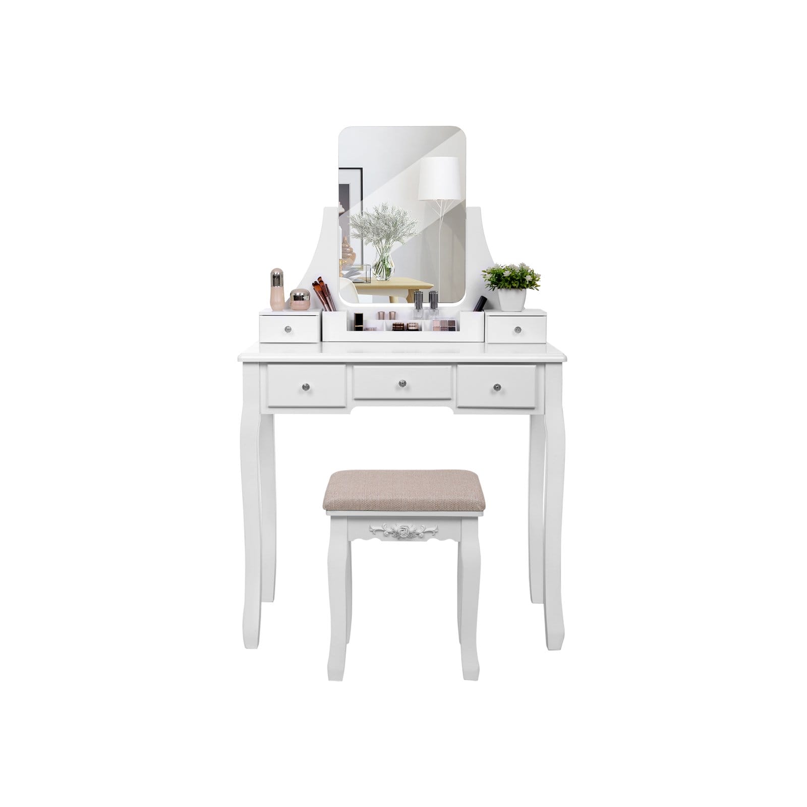VASAGLE Vanity Set, Dressing Table Set with Large Frameless Mirror for Makeup, 5 Drawers and a Removable Storage Organiser, Cushioned Stool, Black RDT25BK 2 VASAGLE Vanity Set, Dressing Table Set with Large Frameless Mirror for Makeup, 5 Drawers and a Removable Storage Organiser, Cushioned Stool, Black RDT25BK - Billede 2