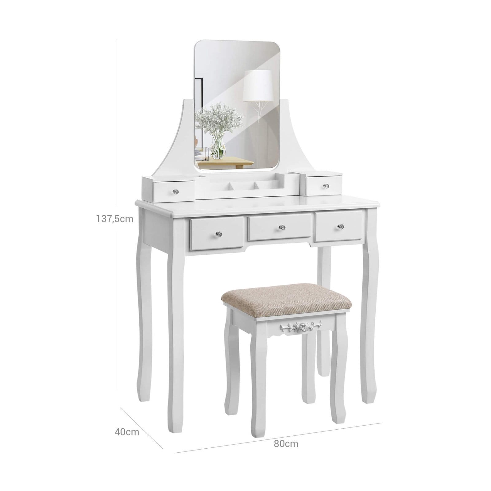 VASAGLE Vanity Set, Dressing Table Set with Large Frameless Mirror for Makeup, 5 Drawers and a Removable Storage Organiser, Cushioned Stool, Black RDT25BK 7 VASAGLE Vanity Set, Dressing Table Set with Large Frameless Mirror for Makeup, 5 Drawers and a Removable Storage Organiser, Cushioned Stool, Black RDT25BK - Billede 7
