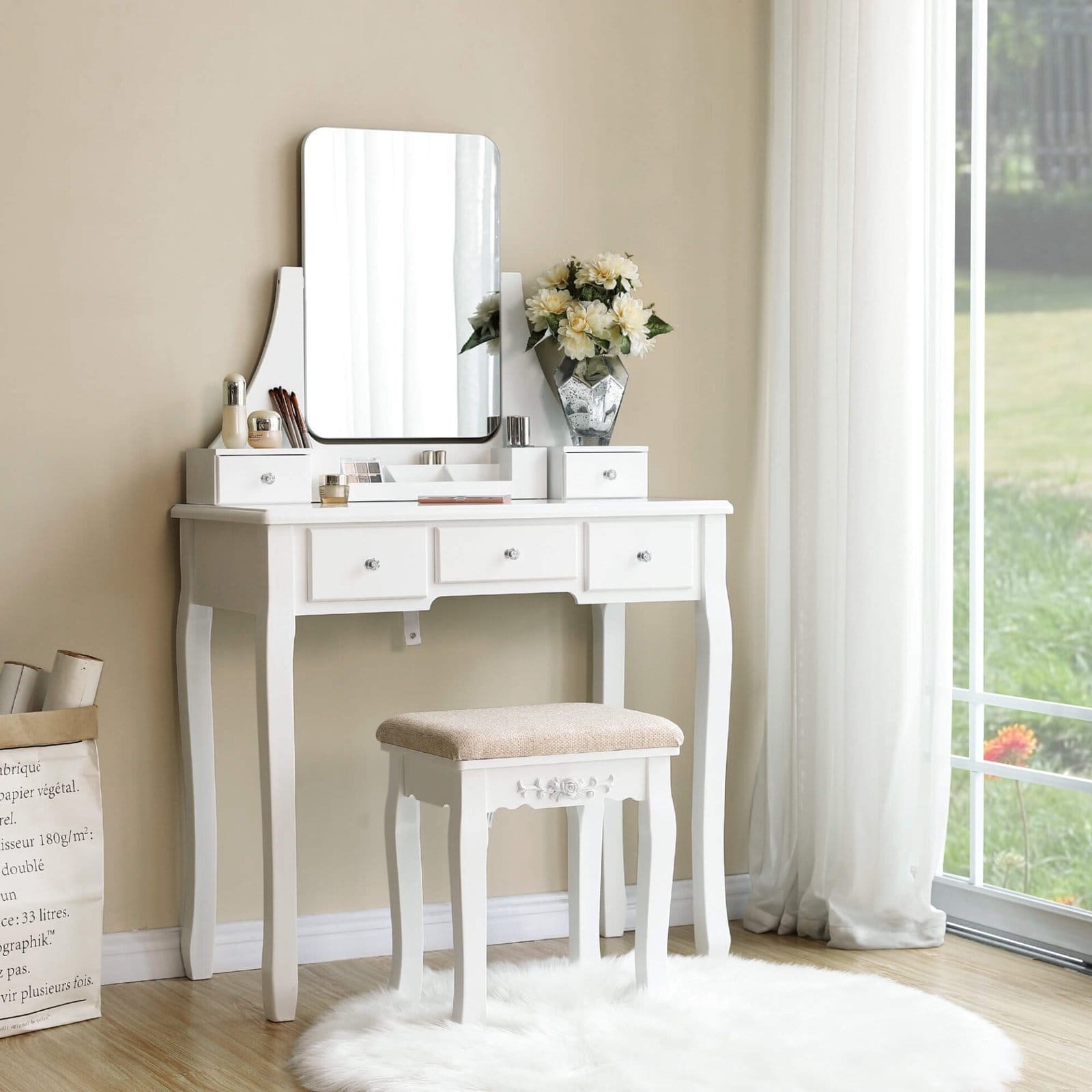 VASAGLE Vanity Set, Dressing Table Set with Large Frameless Mirror for Makeup, 5 Drawers and a Removable Storage Organiser, Cushioned Stool, Black RDT25BK 3 VASAGLE Vanity Set, Dressing Table Set with Large Frameless Mirror for Makeup, 5 Drawers and a Removable Storage Organiser, Cushioned Stool, Black RDT25BK - Billede 3
