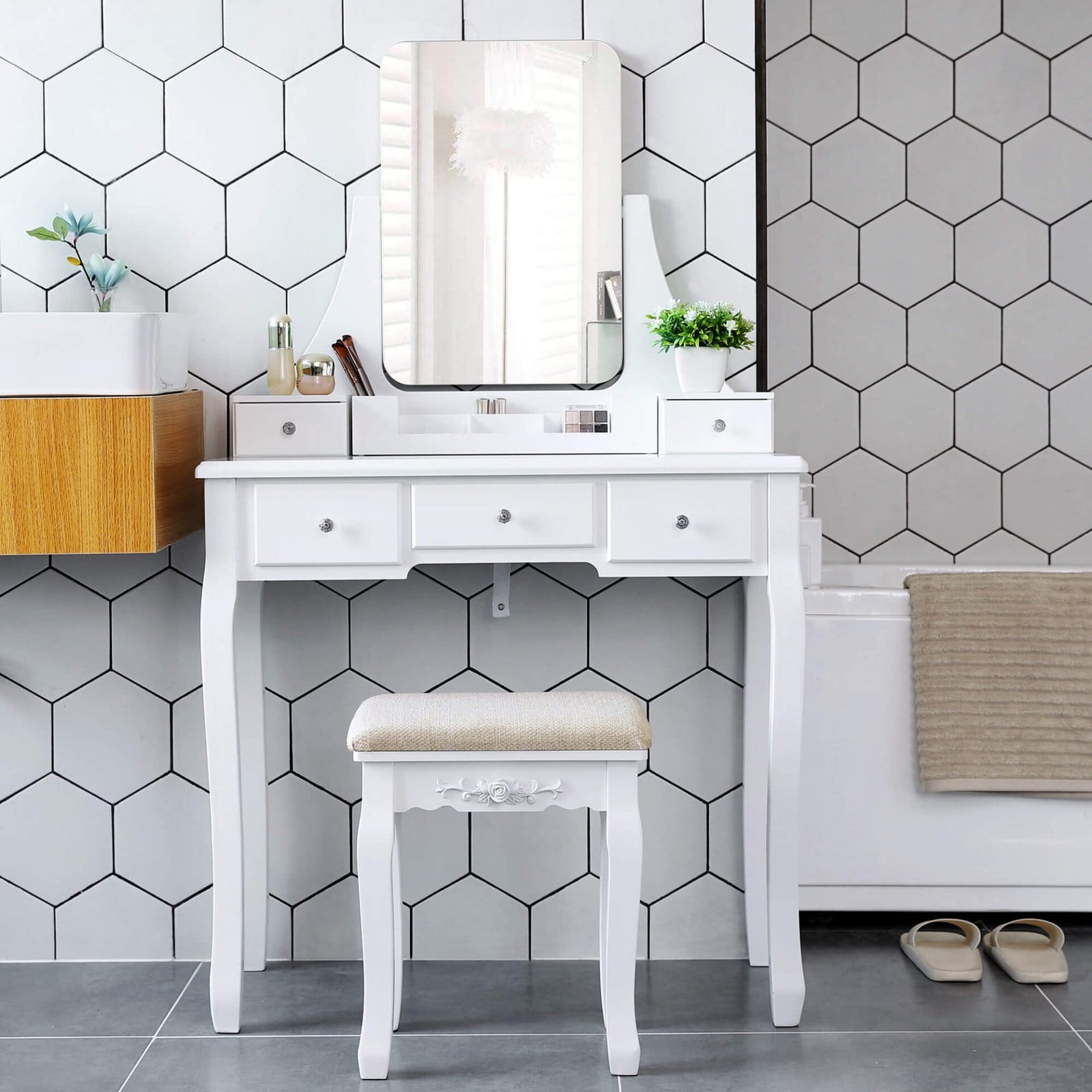 VASAGLE Vanity Set, Dressing Table Set with Large Frameless Mirror for Makeup, 5 Drawers and a Removable Storage Organiser, Cushioned Stool, Black RDT25BK 4 VASAGLE Vanity Set, Dressing Table Set with Large Frameless Mirror for Makeup, 5 Drawers and a Removable Storage Organiser, Cushioned Stool, Black RDT25BK - Billede 4