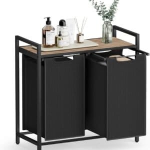 Vasketøjskurv, 2 rum, metalramme, 2 x 46 l, kamelbrun og sort