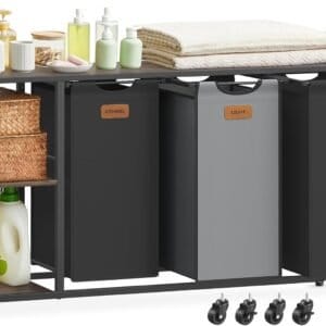 Vasketøjskurv med 3 rum, 150 l, rullende vasketøjsvogn, sort og duegrå