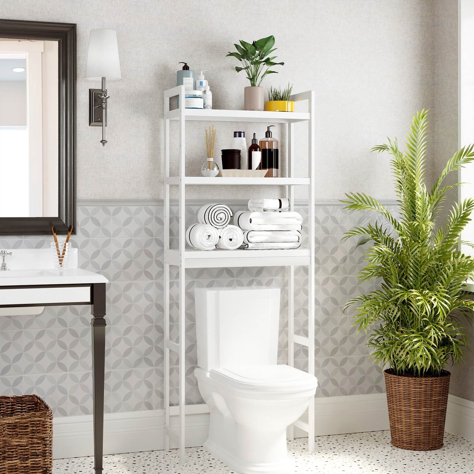 Opbevaring over toilettet, 3-lags bambus toiletstativ, badeværelse, nem montering, hvid 3 Opbevaring over toilettet, 3-lags bambus toiletstativ, badeværelse, nem montering, hvid - Billede 3