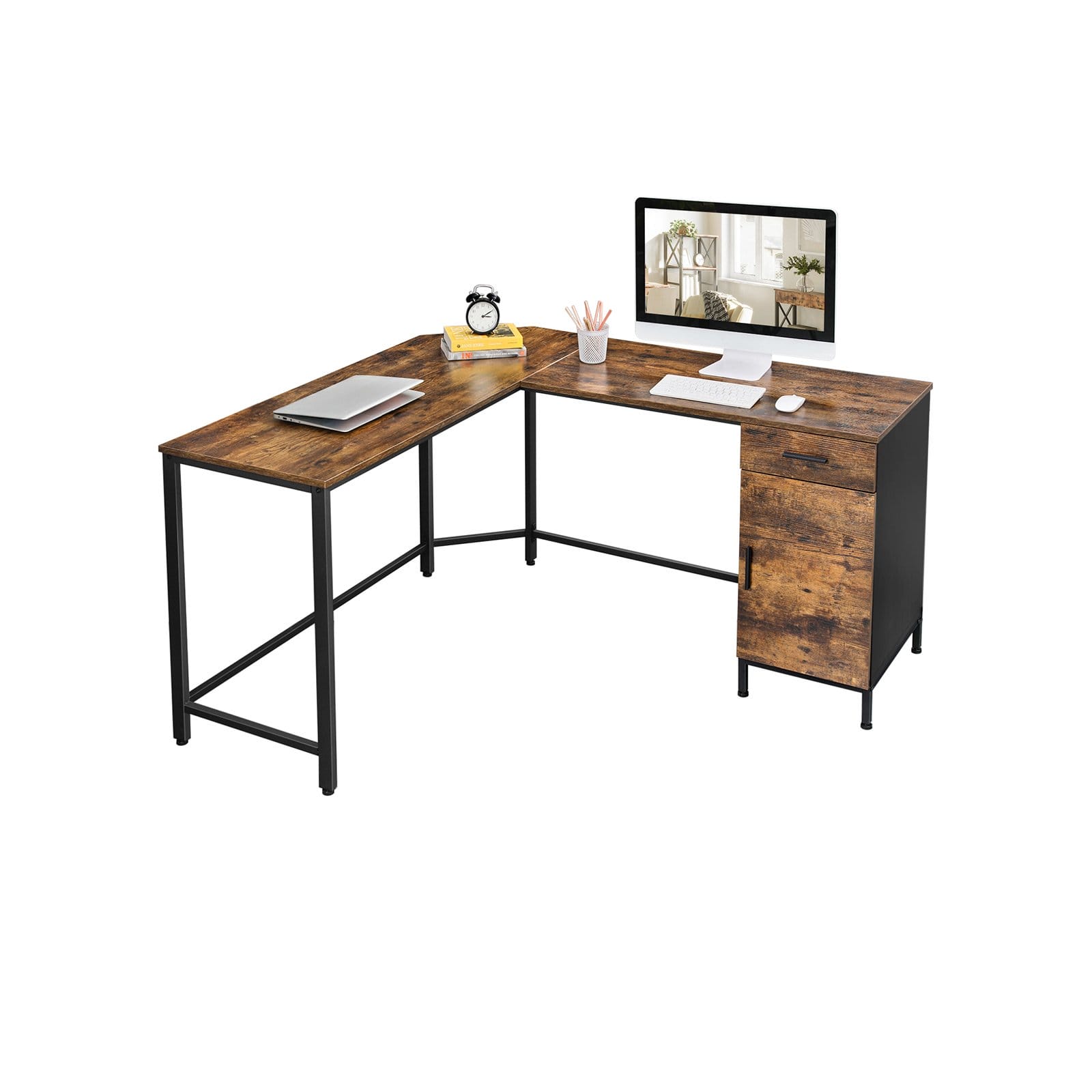 VASAGLE Corner Desk, L-Shaped Computer Desk, Office Desk with Cupboard and Drawer, Study, Space-Saving, Easy Assembly, Steel, Industrial Design, Rustic Brown and Black LWD74X 2 VASAGLE Corner Desk, L-Shaped Computer Desk, Office Desk with Cupboard and Drawer, Study, Space-Saving, Easy Assembly, Steel, Industrial Design, Rustic Brown and Black LWD74X - Billede 2