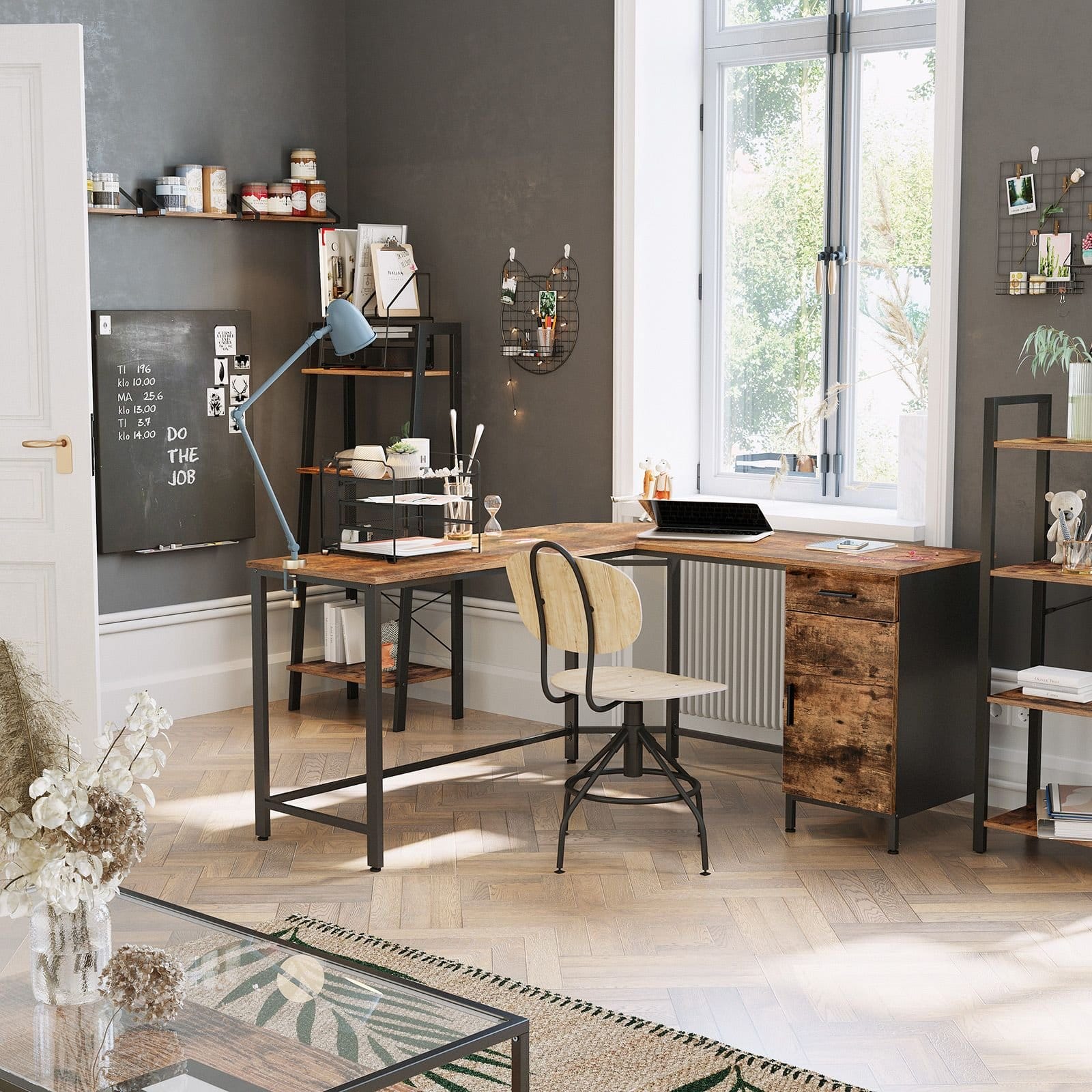 VASAGLE Corner Desk, L-Shaped Computer Desk, Office Desk with Cupboard and Drawer, Study, Space-Saving, Easy Assembly, Steel, Industrial Design, Rustic Brown and Black LWD74X 3 VASAGLE Corner Desk, L-Shaped Computer Desk, Office Desk with Cupboard and Drawer, Study, Space-Saving, Easy Assembly, Steel, Industrial Design, Rustic Brown and Black LWD74X - Billede 3