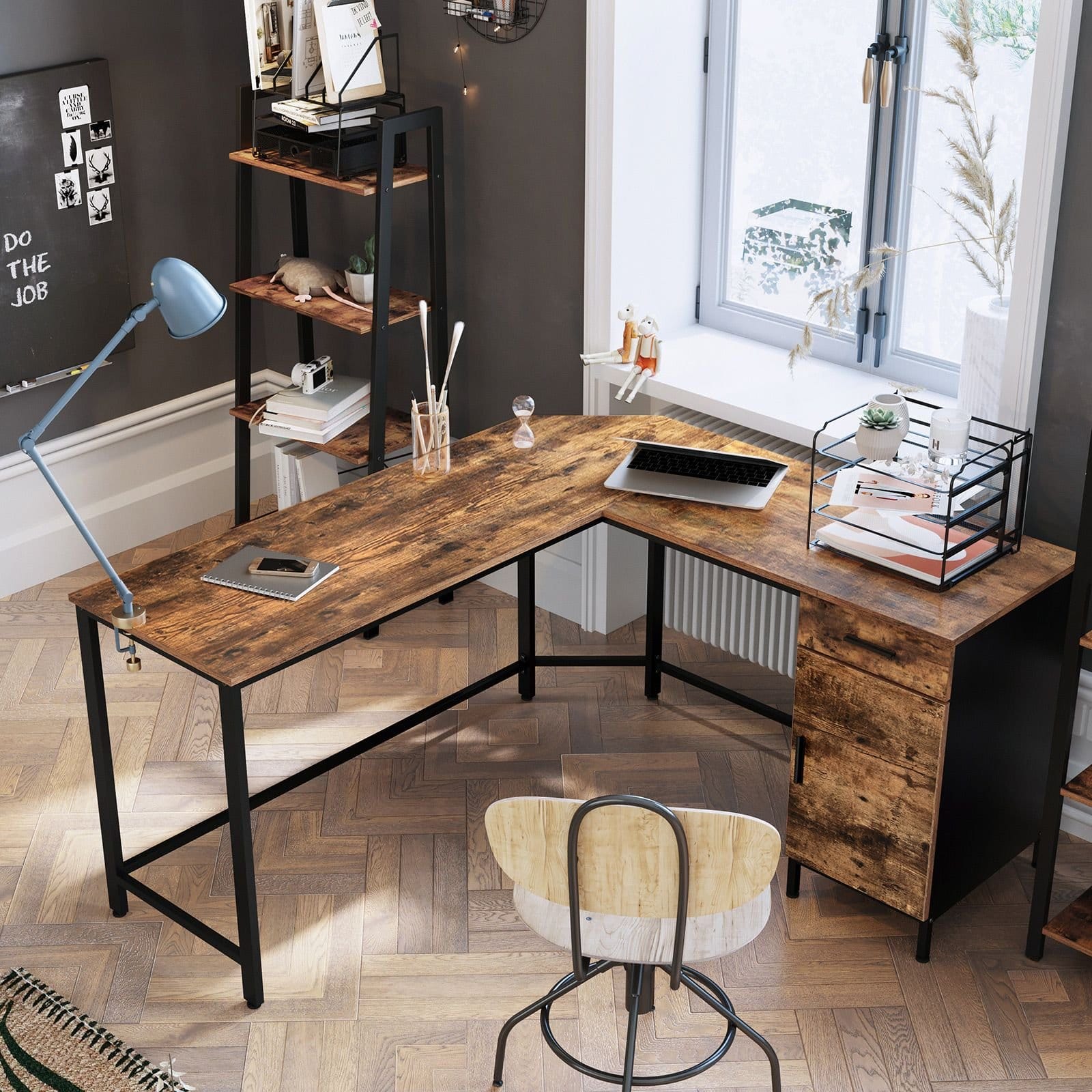 VASAGLE Corner Desk, L-Shaped Computer Desk, Office Desk with Cupboard and Drawer, Study, Space-Saving, Easy Assembly, Steel, Industrial Design, Rustic Brown and Black LWD74X 4 VASAGLE Corner Desk, L-Shaped Computer Desk, Office Desk with Cupboard and Drawer, Study, Space-Saving, Easy Assembly, Steel, Industrial Design, Rustic Brown and Black LWD74X - Billede 4