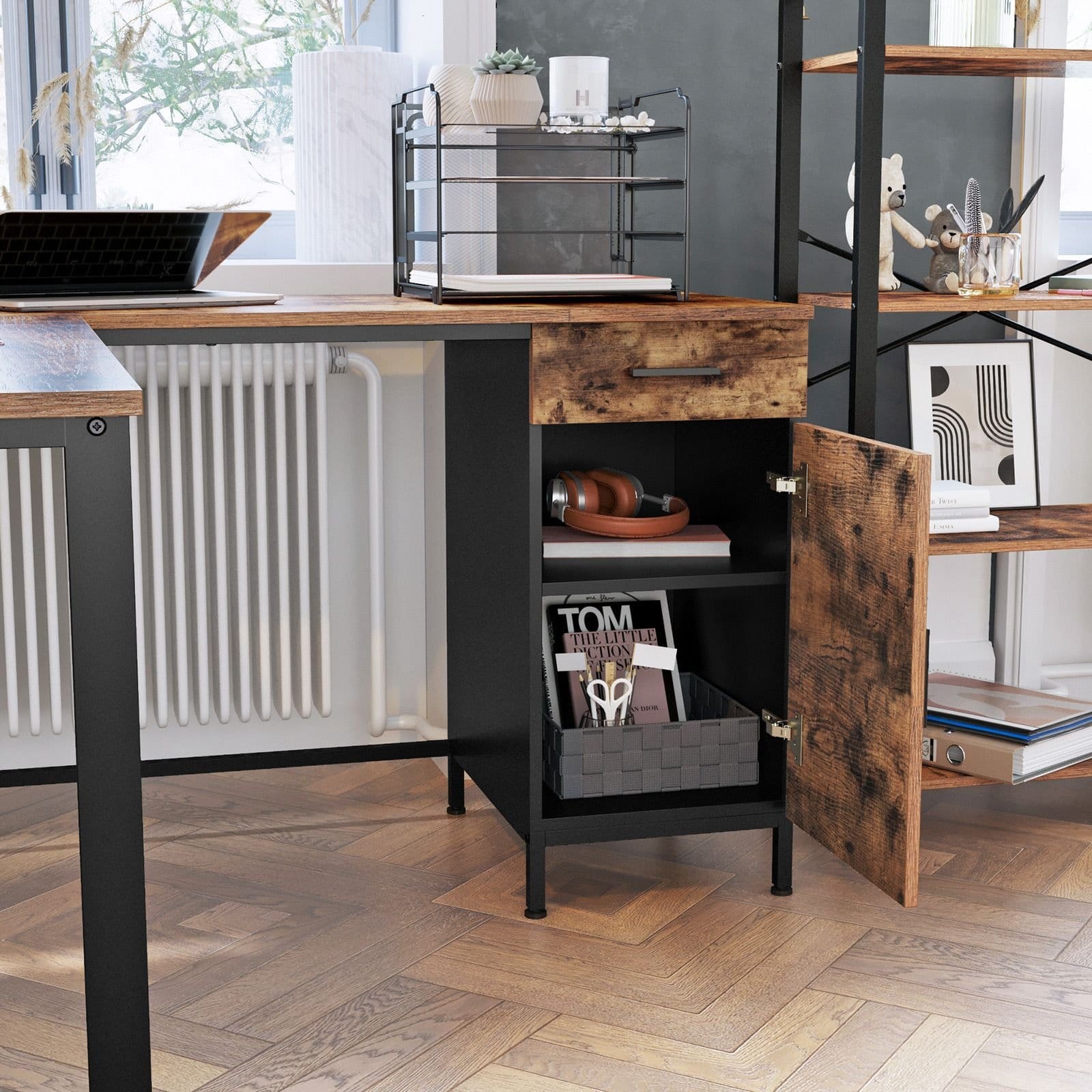 VASAGLE Corner Desk, L-Shaped Computer Desk, Office Desk with Cupboard and Drawer, Study, Space-Saving, Easy Assembly, Steel, Industrial Design, Rustic Brown and Black LWD74X 5 VASAGLE Corner Desk, L-Shaped Computer Desk, Office Desk with Cupboard and Drawer, Study, Space-Saving, Easy Assembly, Steel, Industrial Design, Rustic Brown and Black LWD74X - Billede 5