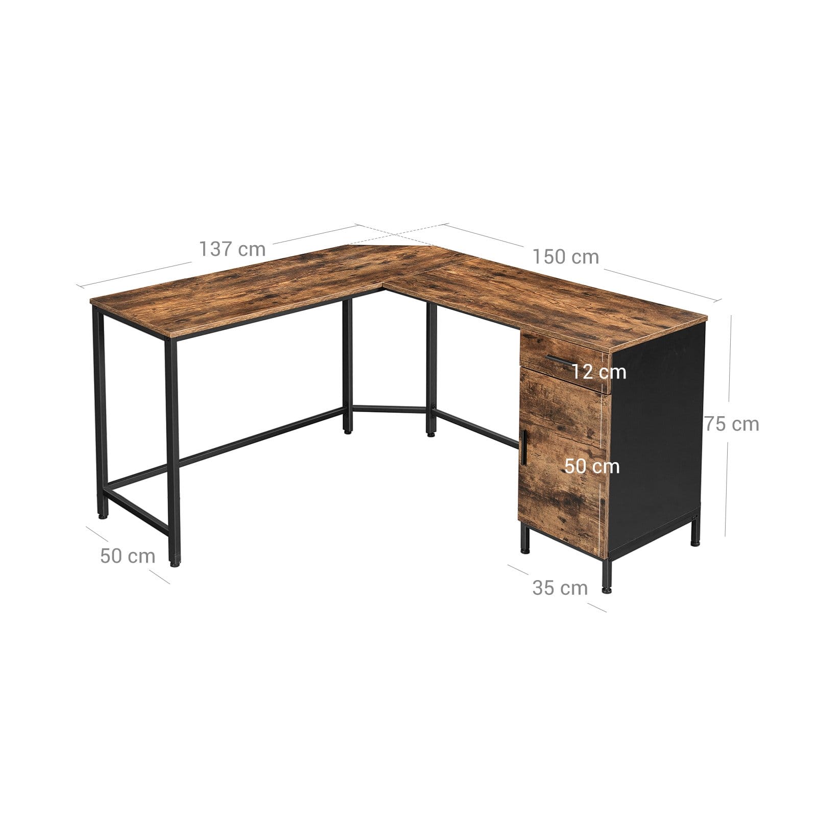 VASAGLE Corner Desk, L-Shaped Computer Desk, Office Desk with Cupboard and Drawer, Study, Space-Saving, Easy Assembly, Steel, Industrial Design, Rustic Brown and Black LWD74X 7 VASAGLE Corner Desk, L-Shaped Computer Desk, Office Desk with Cupboard and Drawer, Study, Space-Saving, Easy Assembly, Steel, Industrial Design, Rustic Brown and Black LWD74X - Billede 7