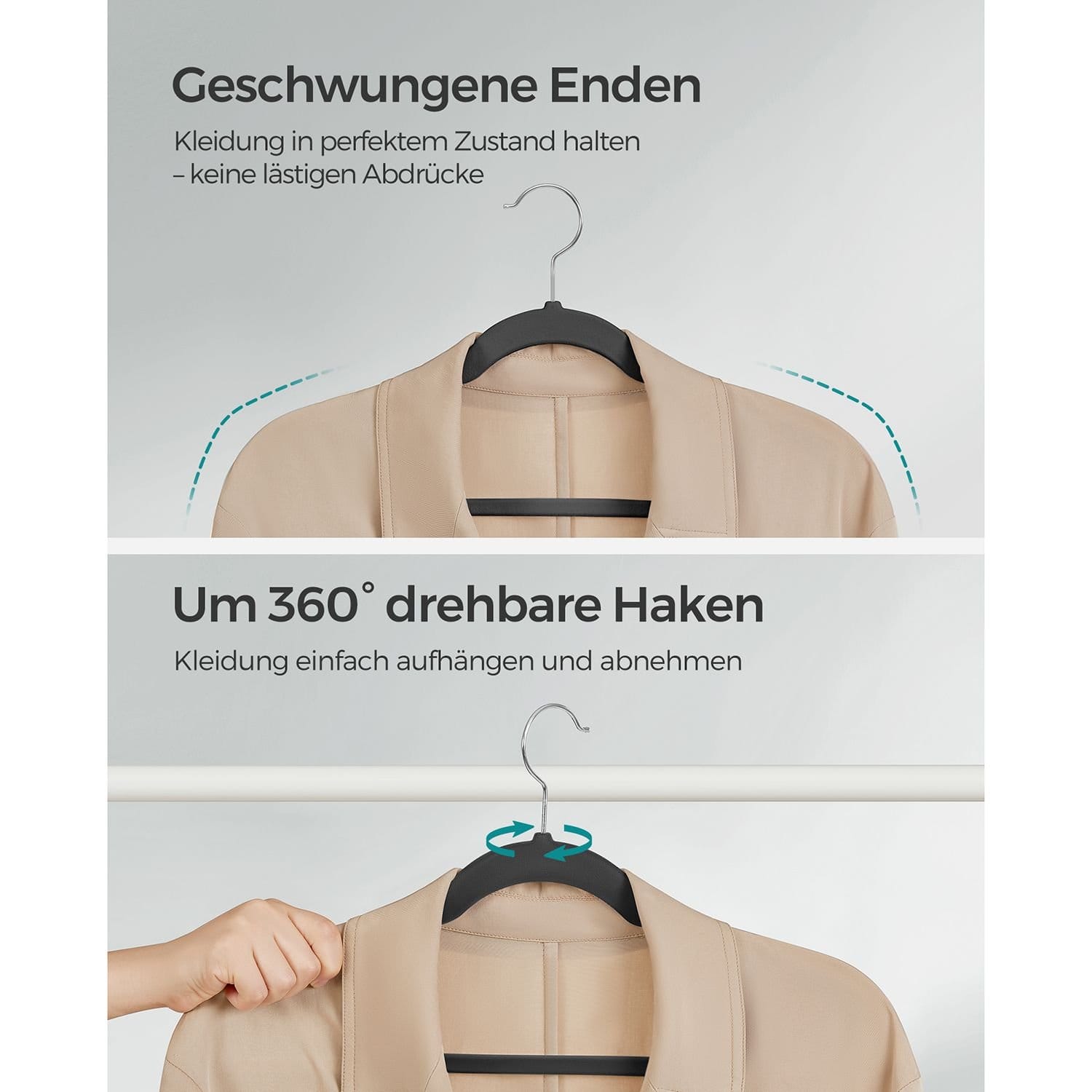 SONGMICS Velvet Hangers, Pack 30 Coat Hangers for Clothes, Non-Slip, with Shoulder Notches, Trouser Bar, 360° Swivel Hook, Space-Saving, 0.6 cm Thick, 43 cm Long, Grey CRF029V03 7 SONGMICS Velvet Hangers, Pack 30 Coat Hangers for Clothes, Non-Slip, with Shoulder Notches, Trouser Bar, 360° Swivel Hook, Space-Saving, 0.6 cm Thick, 43 cm Long, Grey CRF029V03 - Billede 7