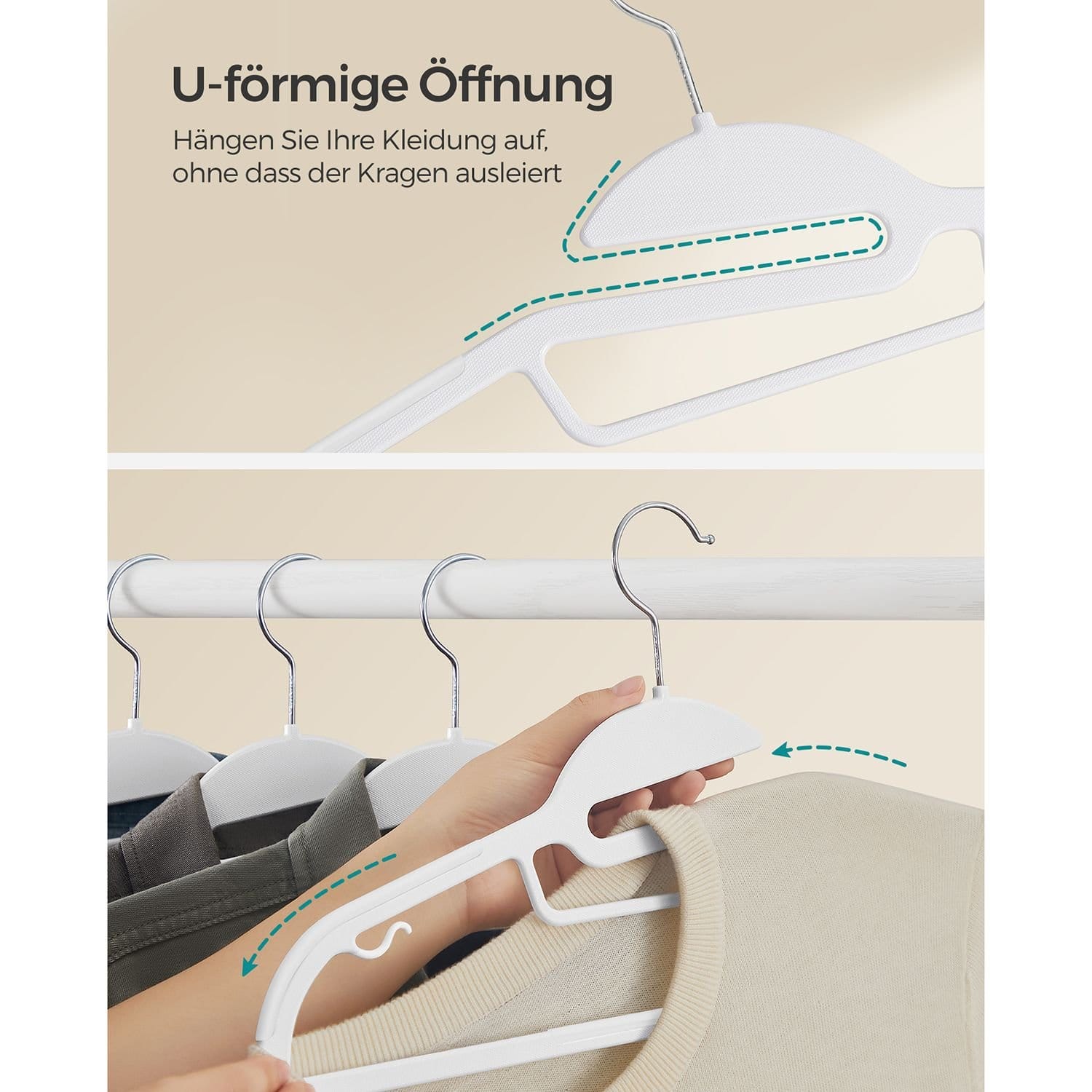 SONGMICS Set of 20 Plastic Hangers, Coat Hangers with U-Shaped Opening, Non-Slip, Space-Saving, 0.5 cm Thick, 41.5 cm Long, 360° Swivel Hook, White CRP041W02 3 SONGMICS Set of 20 Plastic Hangers, Coat Hangers with U-Shaped Opening, Non-Slip, Space-Saving, 0.5 cm Thick, 41.5 cm Long, 360° Swivel Hook, White CRP041W02 - Billede 3