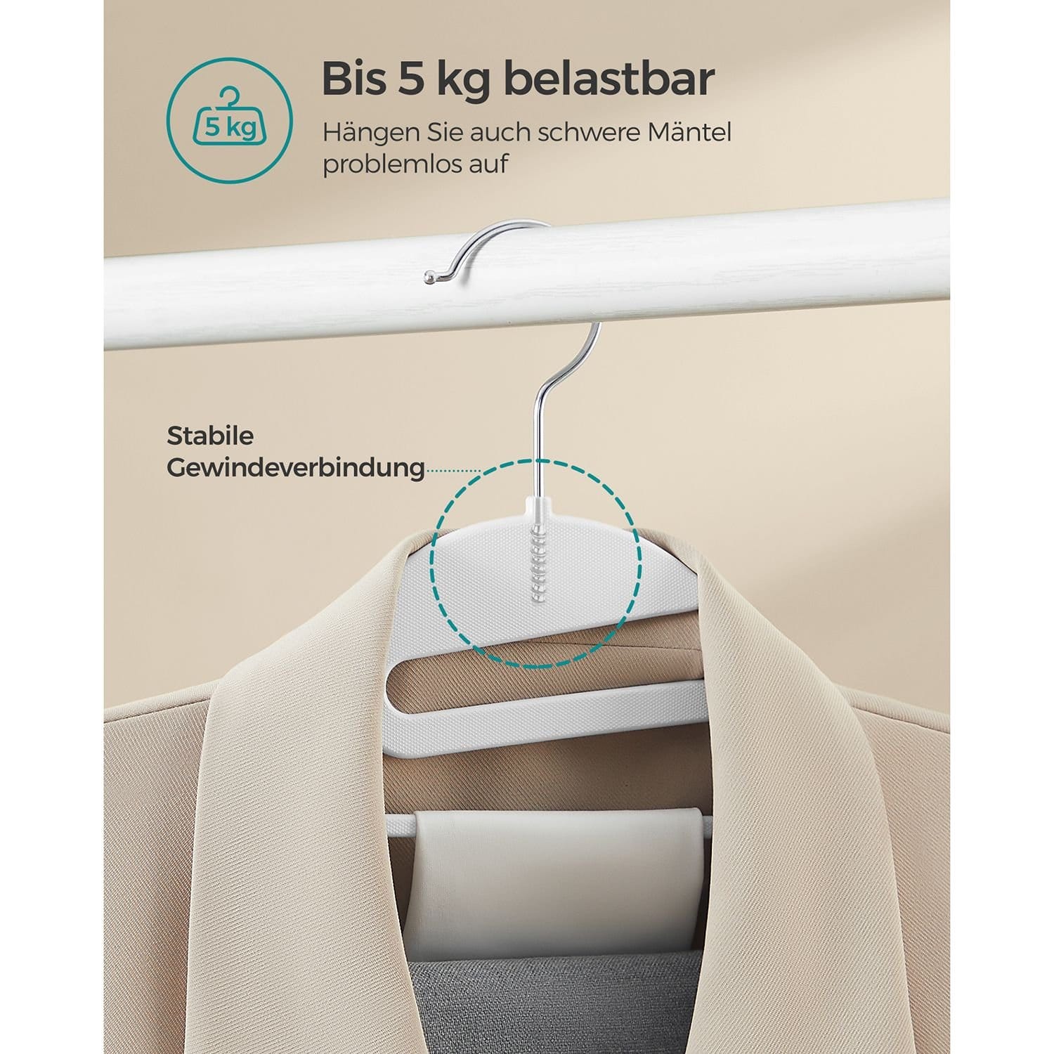 SONGMICS Set of 20 Plastic Hangers, Coat Hangers with U-Shaped Opening, Non-Slip, Space-Saving, 0.5 cm Thick, 41.5 cm Long, 360° Swivel Hook, White CRP041W02 4 SONGMICS Set of 20 Plastic Hangers, Coat Hangers with U-Shaped Opening, Non-Slip, Space-Saving, 0.5 cm Thick, 41.5 cm Long, 360° Swivel Hook, White CRP041W02 - Billede 4