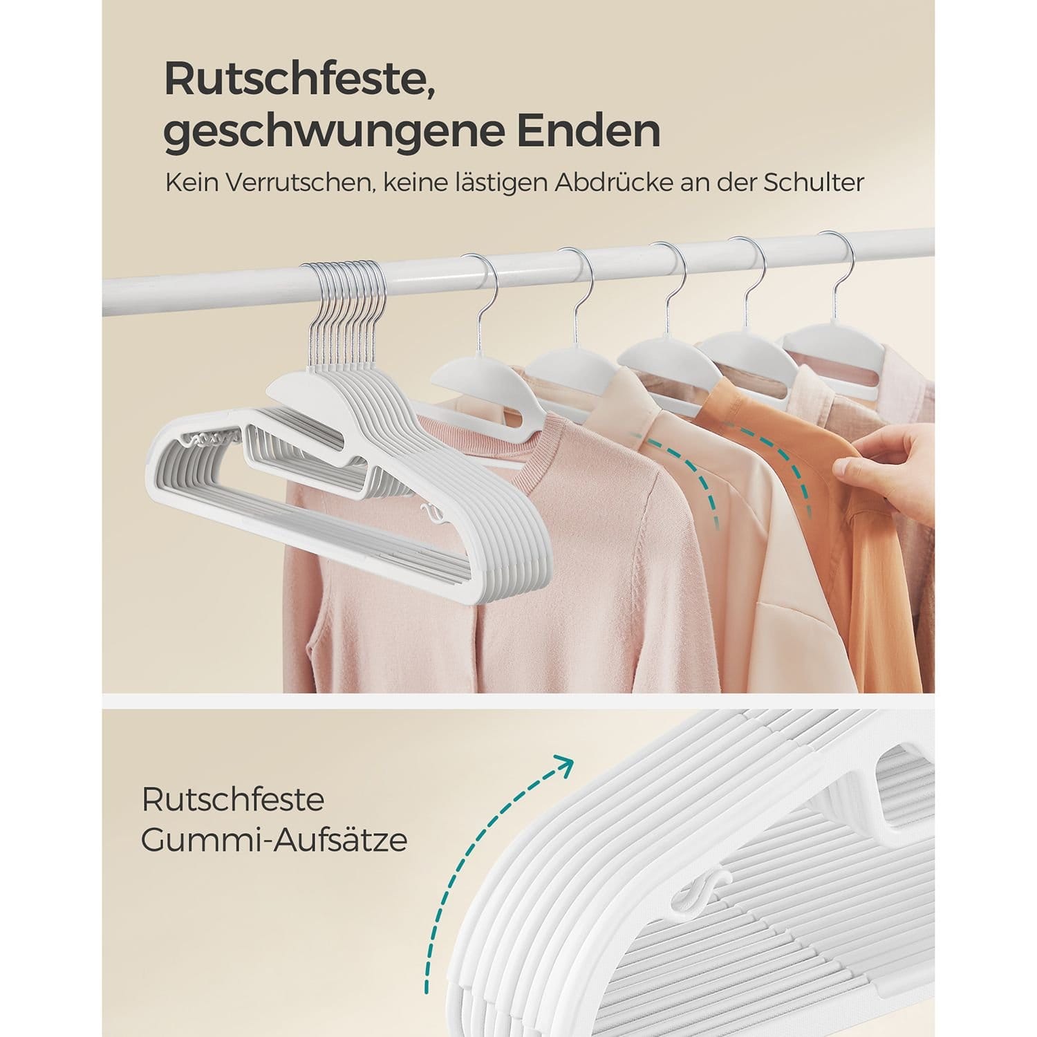 SONGMICS Set of 20 Plastic Hangers, Coat Hangers with U-Shaped Opening, Non-Slip, Space-Saving, 0.5 cm Thick, 41.5 cm Long, 360° Swivel Hook, White CRP041W02 5 SONGMICS Set of 20 Plastic Hangers, Coat Hangers with U-Shaped Opening, Non-Slip, Space-Saving, 0.5 cm Thick, 41.5 cm Long, 360° Swivel Hook, White CRP041W02 - Billede 5