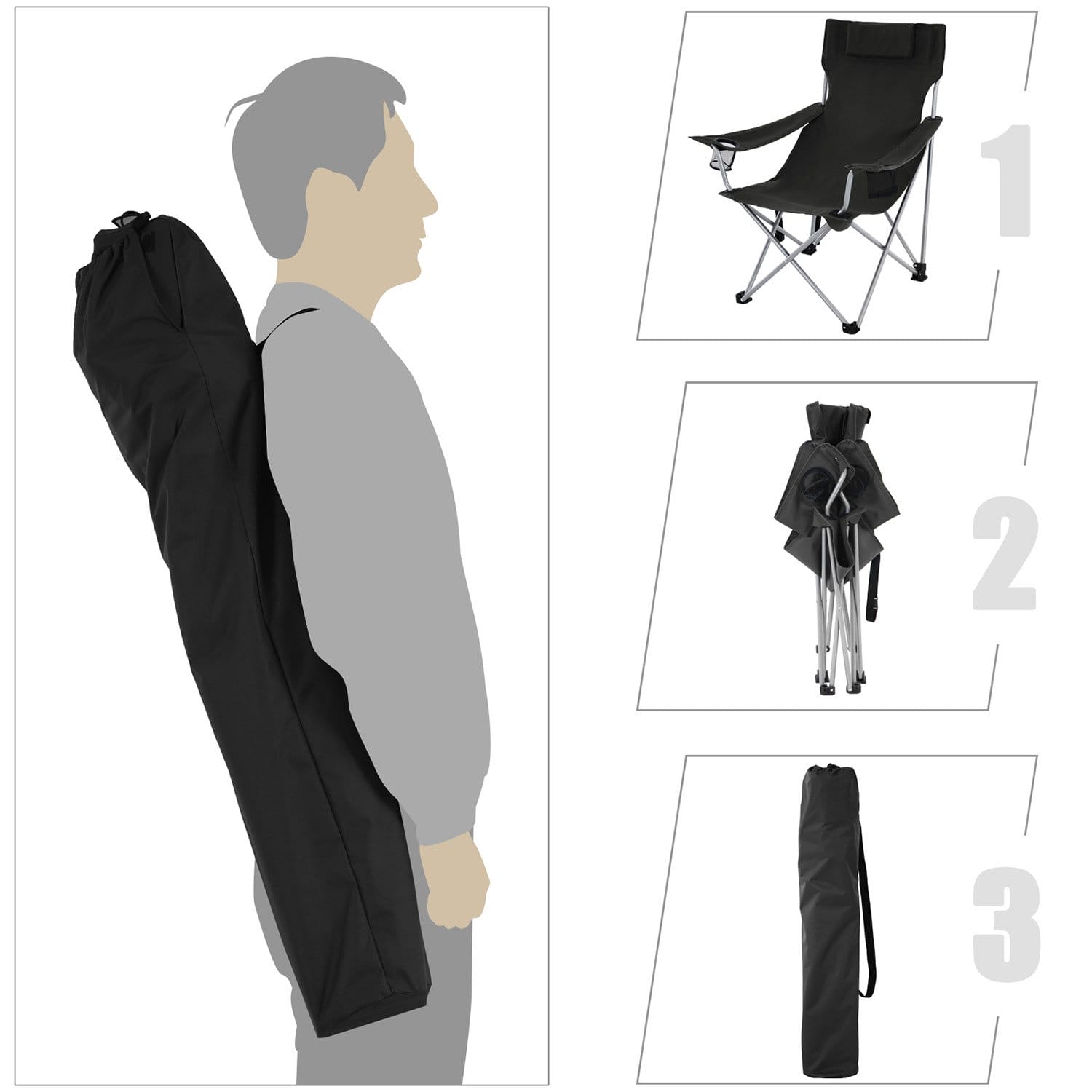 SONGMICS Folding Camping Chair, Outdoor Chair with Armrests, Headrest and Cup Holder, Stable Structure, Max. Capacity 150 kg, Black GCB09BK 7 SONGMICS Folding Camping Chair, Outdoor Chair with Armrests, Headrest and Cup Holder, Stable Structure, Max. Capacity 150 kg, Black GCB09BK - Billede 7