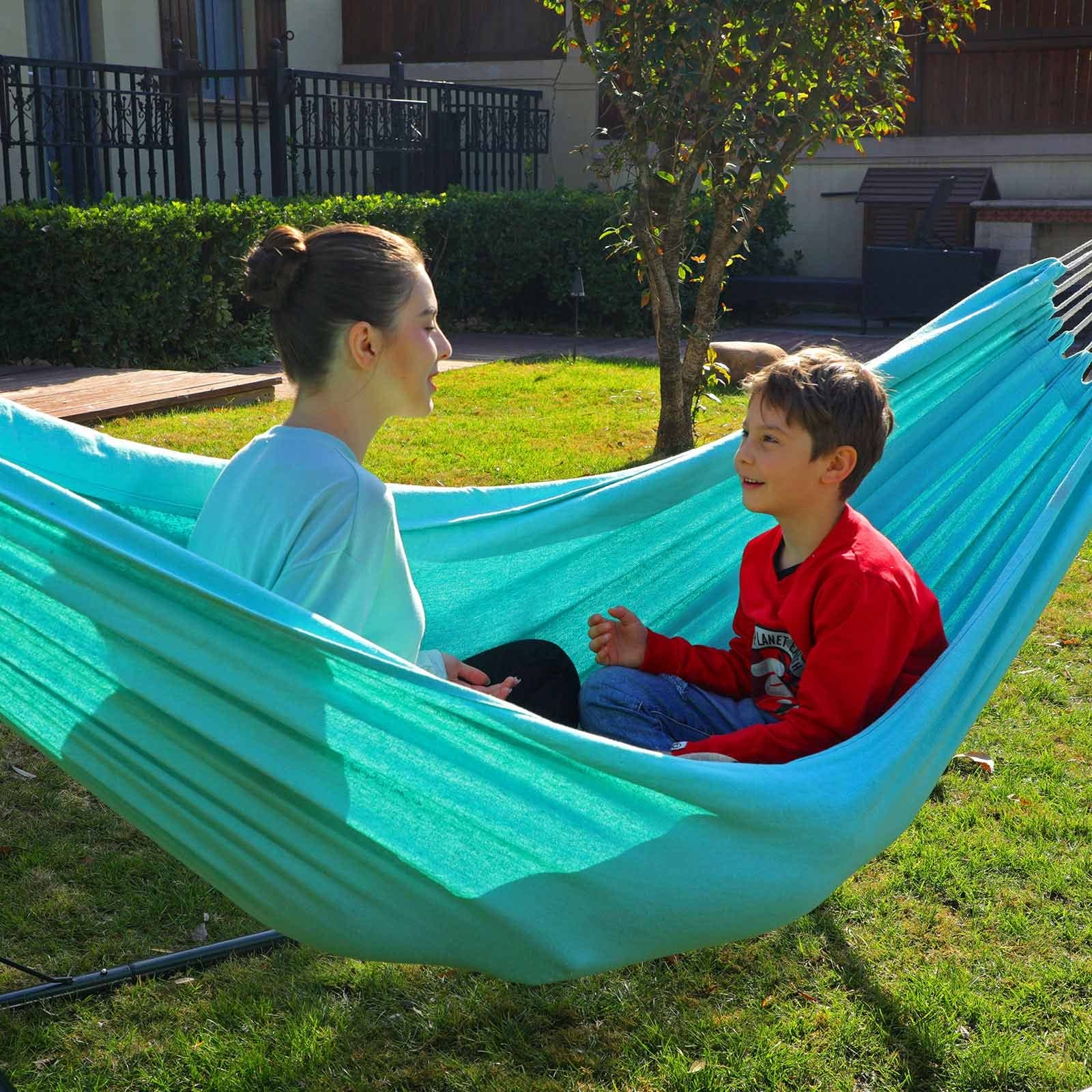 SONGMICS Hammock, 210 x 150 cm, Double Hammock, 300 kg Load Capacity, for Terrace, Balcony, Garden, Outdoor, Camping, with Carry Bag, Fastening Straps and Carabiners, Turquoise GDC15BU 2 SONGMICS Hammock, 210 x 150 cm, Double Hammock, 300 kg Load Capacity, for Terrace, Balcony, Garden, Outdoor, Camping, with Carry Bag, Fastening Straps and Carabiners, Turquoise GDC15BU - Billede 2