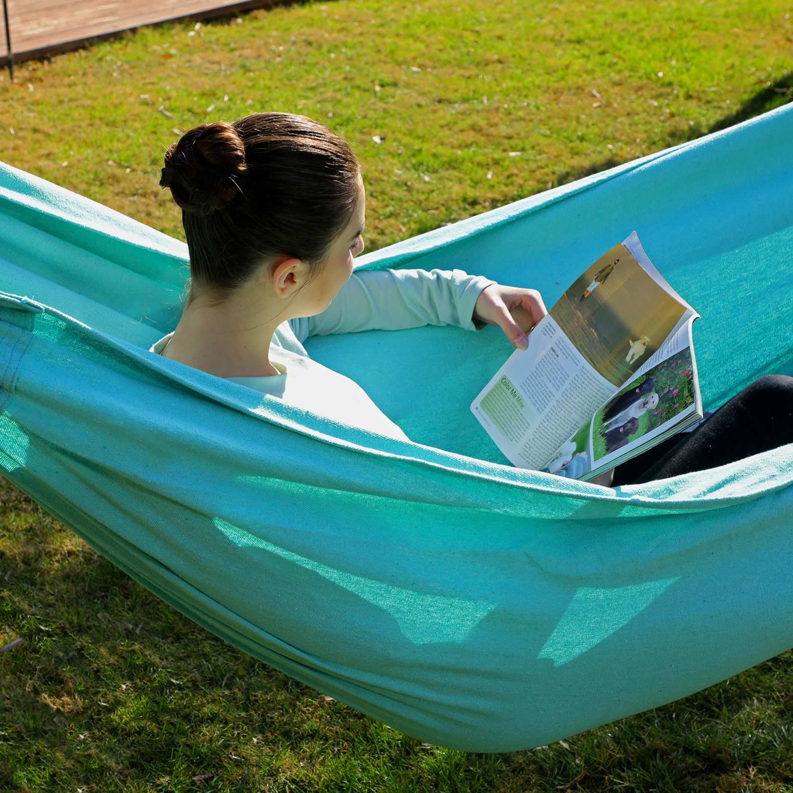 SONGMICS Hammock, 210 x 150 cm, Double Hammock, 300 kg Load Capacity, for Terrace, Balcony, Garden, Outdoor, Camping, with Carry Bag, Fastening Straps and Carabiners, Turquoise GDC15BU 3 SONGMICS Hammock, 210 x 150 cm, Double Hammock, 300 kg Load Capacity, for Terrace, Balcony, Garden, Outdoor, Camping, with Carry Bag, Fastening Straps and Carabiners, Turquoise GDC15BU - Billede 3