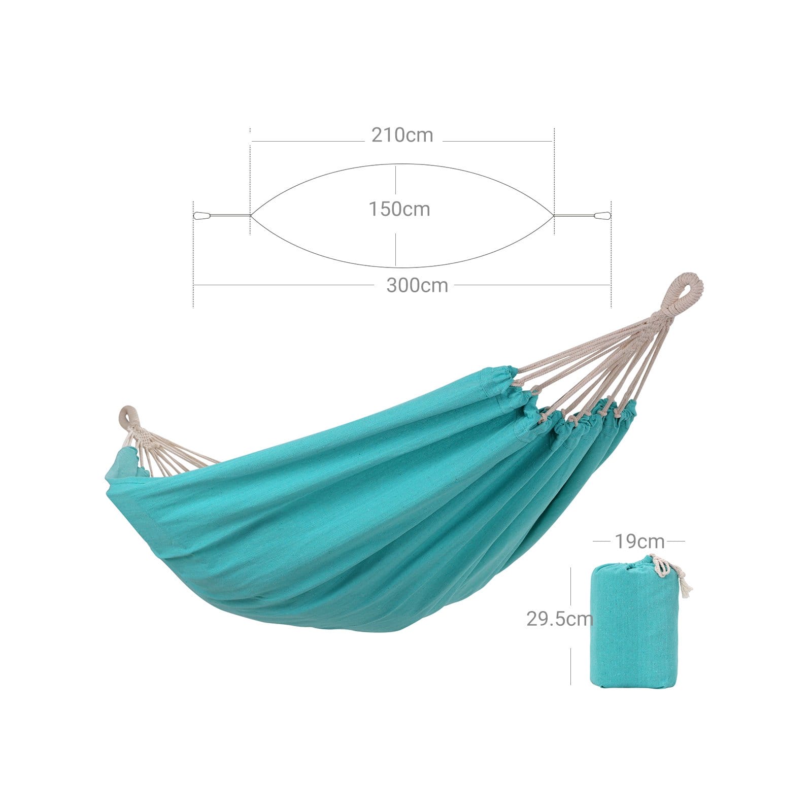 SONGMICS Hammock, 210 x 150 cm, Double Hammock, 300 kg Load Capacity, for Terrace, Balcony, Garden, Outdoor, Camping, with Carry Bag, Fastening Straps and Carabiners, Turquoise GDC15BU 7 SONGMICS Hammock, 210 x 150 cm, Double Hammock, 300 kg Load Capacity, for Terrace, Balcony, Garden, Outdoor, Camping, with Carry Bag, Fastening Straps and Carabiners, Turquoise GDC15BU - Billede 7