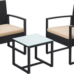 SONGMICS GGF010M05 Balcony Garden Furniture Set, PE Polyrattan Lounge Set, Table and 2 Chairs, Patio Furniture, Easy Assembly, Outdoor, for Patio, Balcony, Garden, Black/Beige