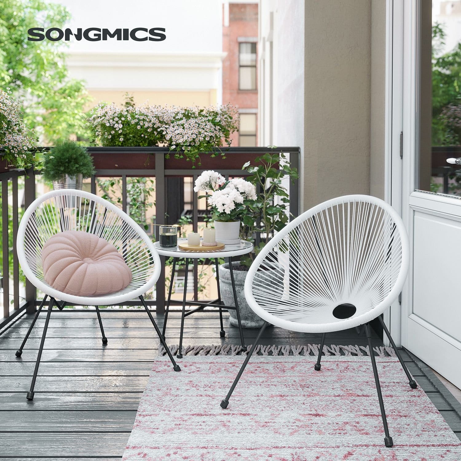 SONGMICS Garden Patio Furniture Set 3 Pieces, Acapulco Chair, Outdoor Seating, Glass Top Table and 2 Chairs, Indoor and Outdoor Conversation Set, White GGF013W02 2 SONGMICS Garden Patio Furniture Set 3 Pieces, Acapulco Chair, Outdoor Seating, Glass Top Table and 2 Chairs, Indoor and Outdoor Conversation Set, White GGF013W02 - Billede 2