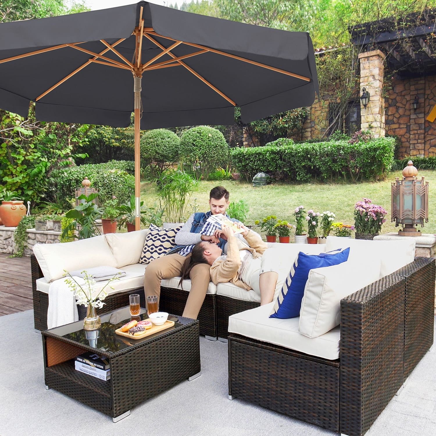 SONGMICS 300 cm Garden Umbrella, Octagonal Parasol with Sun Protection, Wooden Pole and Ribs, Tilt Mechanism, Base Not Included, for Balcony Terrace Garden Outdoor, Taupe GPU32BR 3 SONGMICS 300 cm Garden Umbrella, Octagonal Parasol with Sun Protection, Wooden Pole and Ribs, Tilt Mechanism, Base Not Included, for Balcony Terrace Garden Outdoor, Taupe GPU32BR - Billede 3