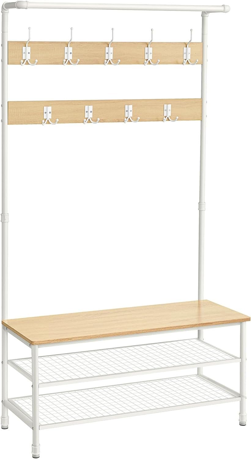 VASAGLE Coat Rack Stand, Large Hall Tree with Bench and Shoe Storage, 9 Hooks, Shoe Rack, Hanging Rail, 41.5 x 100 x 182 cm, for Hallway, Living Room, Bedroom, Oak and White HSR047W09 1 VASAGLE Coat Rack Stand, Large Hall Tree with Bench and Shoe Storage, 9 Hooks, Shoe Rack, Hanging Rail, 41.5 x 100 x 182 cm, for Hallway, Living Room, Bedroom, Oak and White HSR047W09