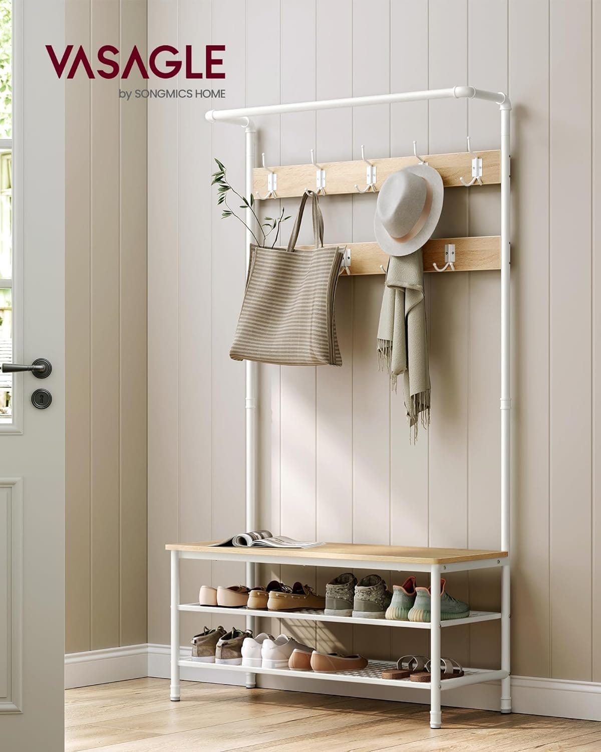 VASAGLE Coat Rack Stand, Large Hall Tree with Bench and Shoe Storage, 9 Hooks, Shoe Rack, Hanging Rail, 41.5 x 100 x 182 cm, for Hallway, Living Room, Bedroom, Oak and White HSR047W09 2 VASAGLE Coat Rack Stand, Large Hall Tree with Bench and Shoe Storage, 9 Hooks, Shoe Rack, Hanging Rail, 41.5 x 100 x 182 cm, for Hallway, Living Room, Bedroom, Oak and White HSR047W09 - Billede 2