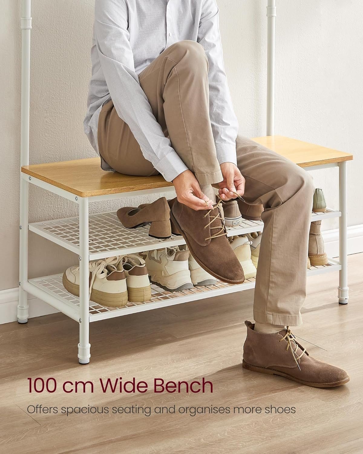 VASAGLE Coat Rack Stand, Large Hall Tree with Bench and Shoe Storage, 9 Hooks, Shoe Rack, Hanging Rail, 41.5 x 100 x 182 cm, for Hallway, Living Room, Bedroom, Oak and White HSR047W09 5 VASAGLE Coat Rack Stand, Large Hall Tree with Bench and Shoe Storage, 9 Hooks, Shoe Rack, Hanging Rail, 41.5 x 100 x 182 cm, for Hallway, Living Room, Bedroom, Oak and White HSR047W09 - Billede 5