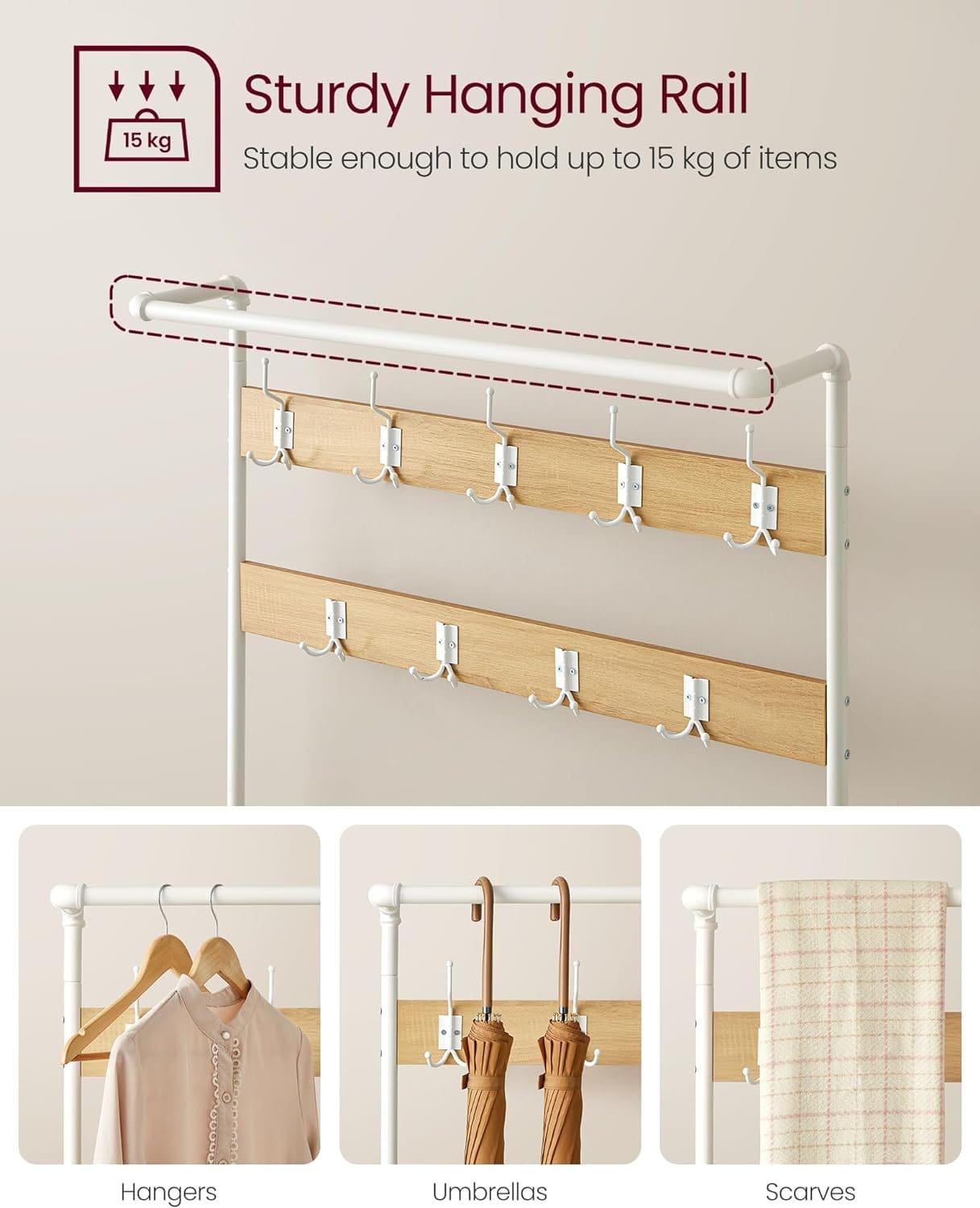 VASAGLE Coat Rack Stand, Large Hall Tree with Bench and Shoe Storage, 9 Hooks, Shoe Rack, Hanging Rail, 41.5 x 100 x 182 cm, for Hallway, Living Room, Bedroom, Oak and White HSR047W09 6 VASAGLE Coat Rack Stand, Large Hall Tree with Bench and Shoe Storage, 9 Hooks, Shoe Rack, Hanging Rail, 41.5 x 100 x 182 cm, for Hallway, Living Room, Bedroom, Oak and White HSR047W09 - Billede 6