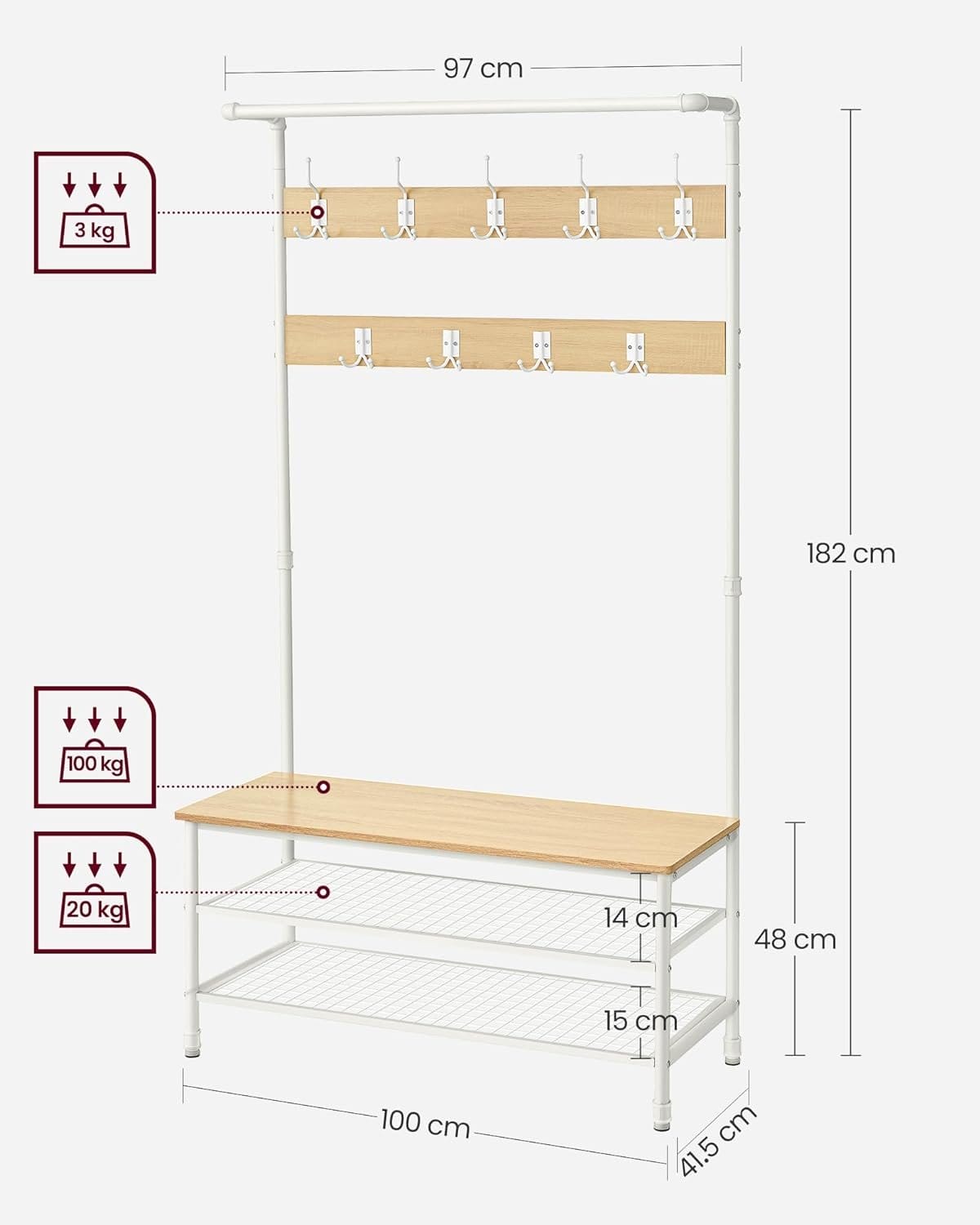 VASAGLE Coat Rack Stand, Large Hall Tree with Bench and Shoe Storage, 9 Hooks, Shoe Rack, Hanging Rail, 41.5 x 100 x 182 cm, for Hallway, Living Room, Bedroom, Oak and White HSR047W09 7 VASAGLE Coat Rack Stand, Large Hall Tree with Bench and Shoe Storage, 9 Hooks, Shoe Rack, Hanging Rail, 41.5 x 100 x 182 cm, for Hallway, Living Room, Bedroom, Oak and White HSR047W09 - Billede 7