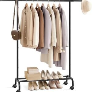 Tøjstativ, Udtrækkelig bøjlestang, Tøjopbevaring med hjul, Ink Black