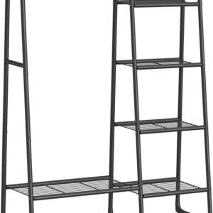 Tøjstativ, Fritstående tøjstativ, 5 opbevaringshylder, metalramme, matsort