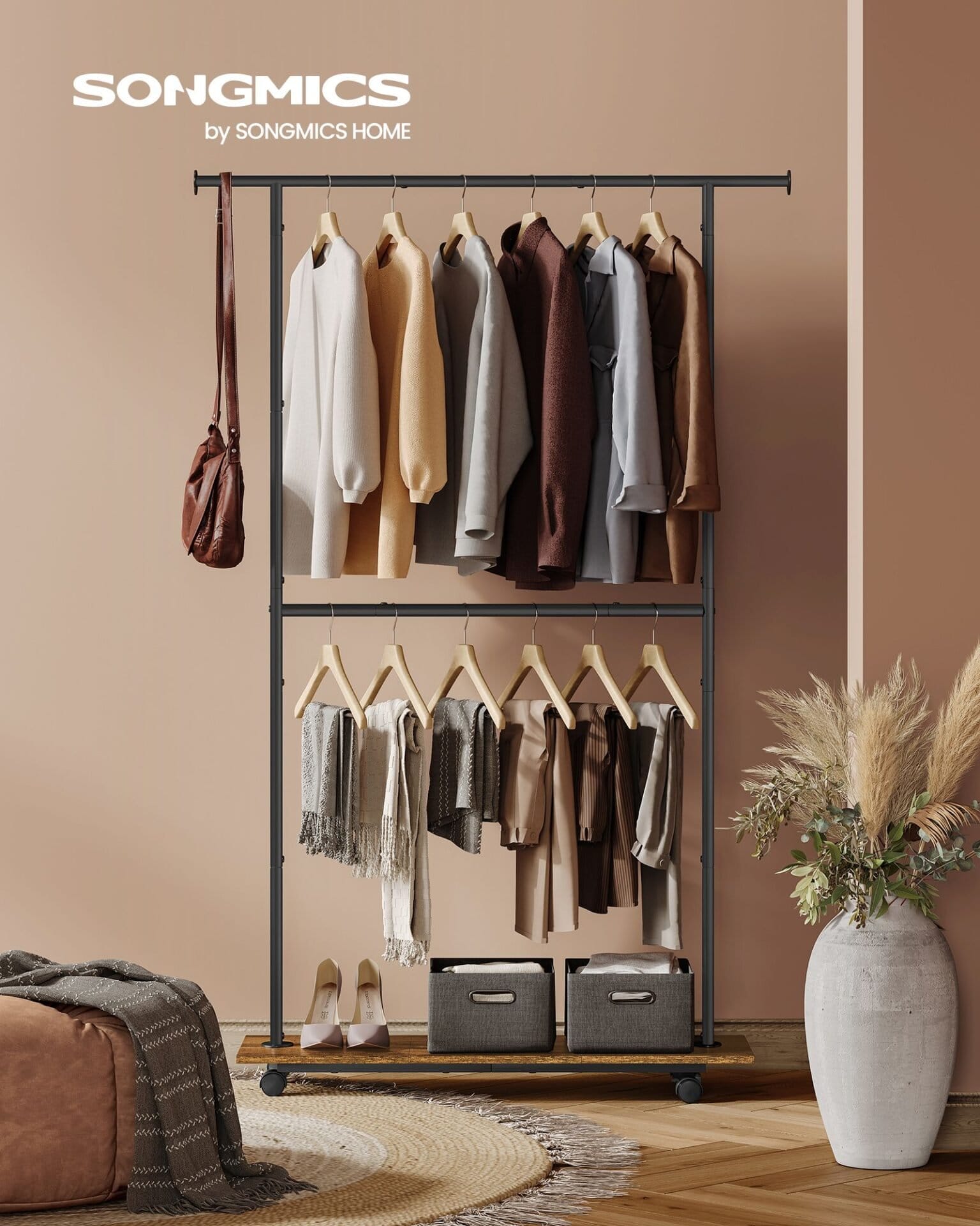 SONGMICS HSR153B01 Clothes Rail with Shelf, 2 Rails, 98.5 cm Wide, Maximum Load 55 kg, Lower Bar Height Adjustable, Steel, Vintage Brown/Ink Black 2 SONGMICS HSR153B01 Clothes Rail with Shelf, 2 Rails, 98.5 cm Wide, Maximum Load 55 kg, Lower Bar Height Adjustable, Steel, Vintage Brown/Ink Black - Billede 2