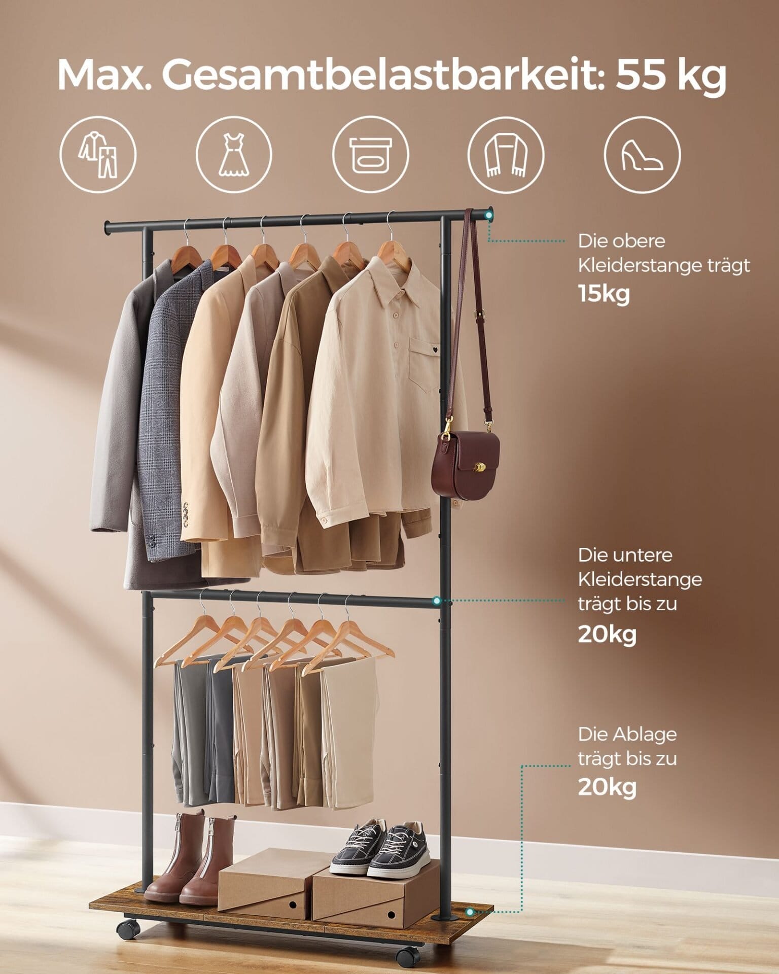 SONGMICS HSR153B01 Clothes Rail with Shelf, 2 Rails, 98.5 cm Wide, Maximum Load 55 kg, Lower Bar Height Adjustable, Steel, Vintage Brown/Ink Black 3 SONGMICS HSR153B01 Clothes Rail with Shelf, 2 Rails, 98.5 cm Wide, Maximum Load 55 kg, Lower Bar Height Adjustable, Steel, Vintage Brown/Ink Black - Billede 3