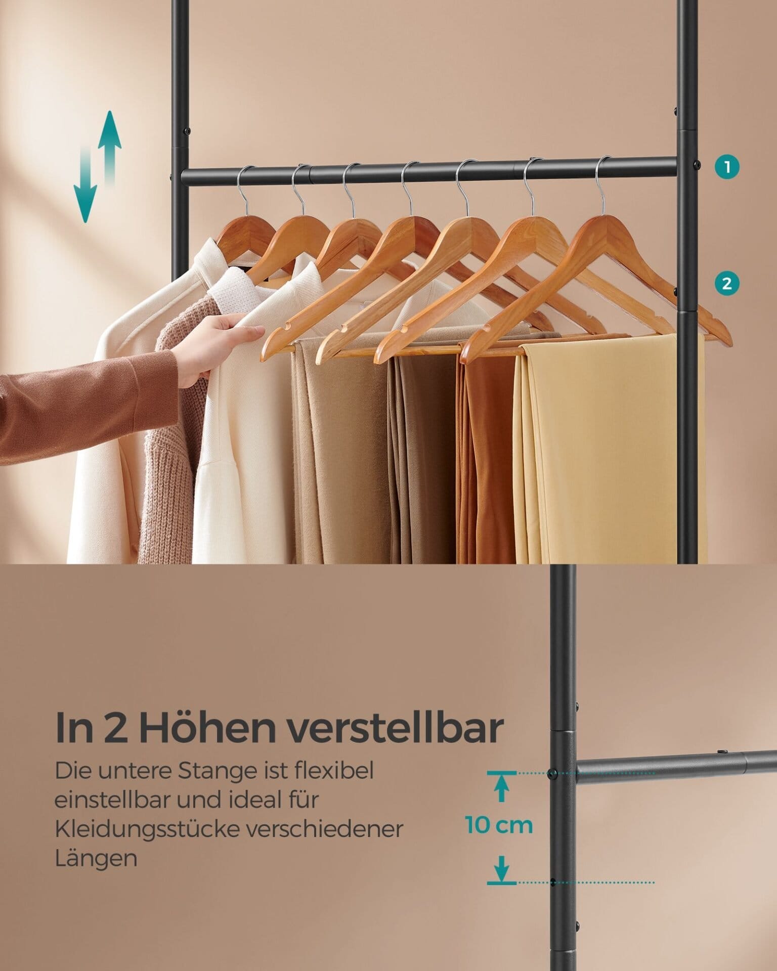 SONGMICS HSR153B01 Clothes Rail with Shelf, 2 Rails, 98.5 cm Wide, Maximum Load 55 kg, Lower Bar Height Adjustable, Steel, Vintage Brown/Ink Black 4 SONGMICS HSR153B01 Clothes Rail with Shelf, 2 Rails, 98.5 cm Wide, Maximum Load 55 kg, Lower Bar Height Adjustable, Steel, Vintage Brown/Ink Black - Billede 4