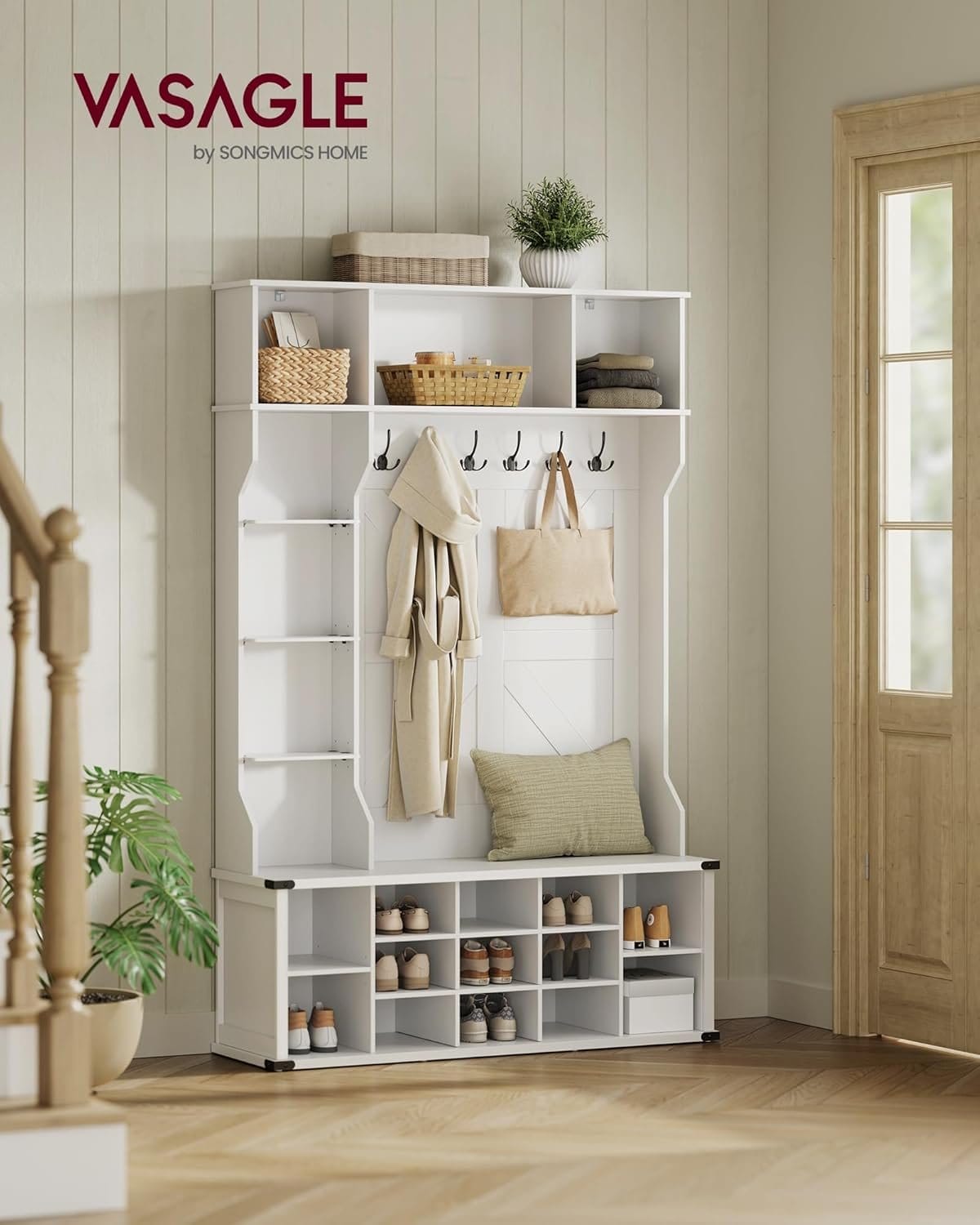 VASAGLE Coat Rack, Coat Rack, Entryway Furniture with Shoe Rack, Adjustable Shelves, 20 Open Compartments, 6 Triple Hooks, Country Style Freestanding for Entryway, Hallway, Hallway, Cloud White 2 VASAGLE Coat Rack, Coat Rack, Entryway Furniture with Shoe Rack, Adjustable Shelves, 20 Open Compartments, 6 Triple Hooks, Country Style Freestanding for Entryway, Hallway, Hallway, Cloud White - Billede 2