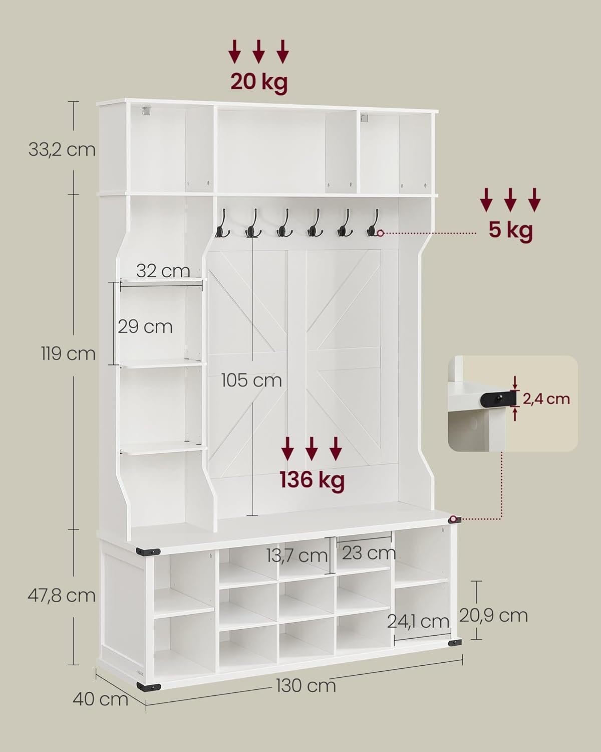 VASAGLE Coat Rack, Coat Rack, Entryway Furniture with Shoe Rack, Adjustable Shelves, 20 Open Compartments, 6 Triple Hooks, Country Style Freestanding for Entryway, Hallway, Hallway, Cloud White 3 VASAGLE Coat Rack, Coat Rack, Entryway Furniture with Shoe Rack, Adjustable Shelves, 20 Open Compartments, 6 Triple Hooks, Country Style Freestanding for Entryway, Hallway, Hallway, Cloud White - Billede 3