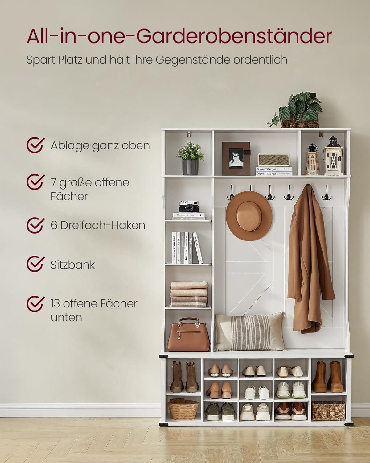 VASAGLE Coat Rack, Coat Rack, Entryway Furniture with Shoe Rack, Adjustable Shelves, 20 Open Compartments, 6 Triple Hooks, Country Style Freestanding for Entryway, Hallway, Hallway, Cloud White 4 VASAGLE Coat Rack, Coat Rack, Entryway Furniture with Shoe Rack, Adjustable Shelves, 20 Open Compartments, 6 Triple Hooks, Country Style Freestanding for Entryway, Hallway, Hallway, Cloud White - Billede 4