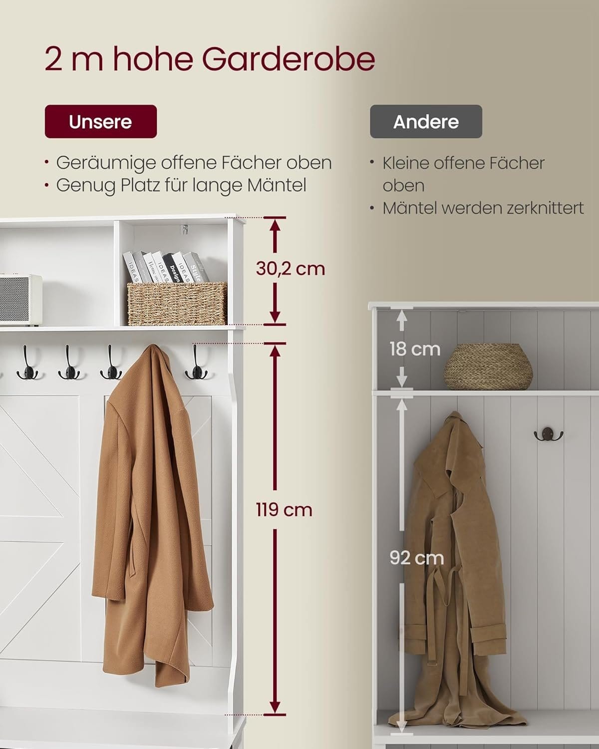 VASAGLE Coat Rack, Coat Rack, Entryway Furniture with Shoe Rack, Adjustable Shelves, 20 Open Compartments, 6 Triple Hooks, Country Style Freestanding for Entryway, Hallway, Hallway, Cloud White 6 VASAGLE Coat Rack, Coat Rack, Entryway Furniture with Shoe Rack, Adjustable Shelves, 20 Open Compartments, 6 Triple Hooks, Country Style Freestanding for Entryway, Hallway, Hallway, Cloud White - Billede 6