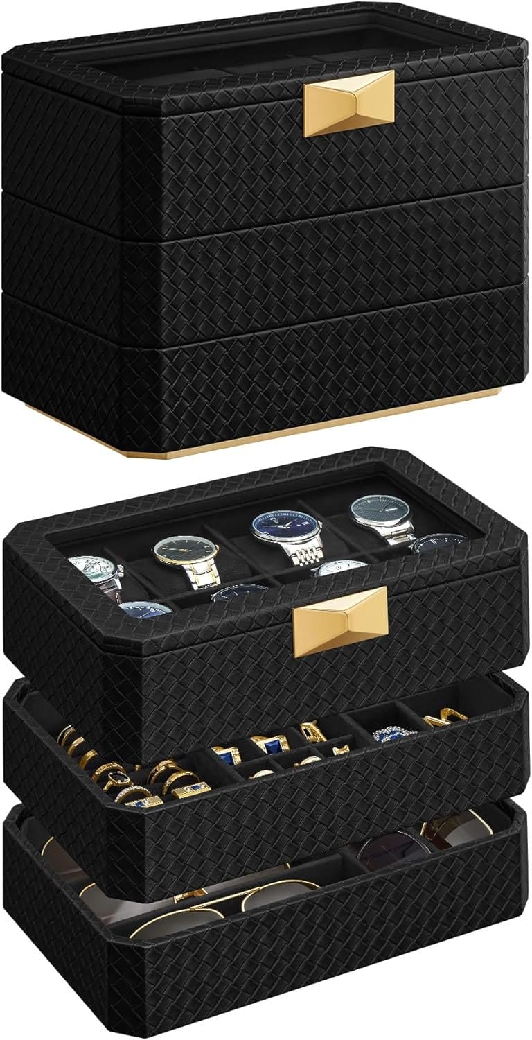 SONGMICS Watch Box, Watch Case with Glass Lid, 2-Tier Watch Display Case for 12 Watches, Lockable, 1 Drawer, for Rings, Bracelets, Gift Idea, Black Synthetic Leather, Greenish Beige Lining JWB012 1 SONGMICS Watch Box, Watch Case with Glass Lid, 2-Tier Watch Display Case for 12 Watches, Lockable, 1 Drawer, for Rings, Bracelets, Gift Idea, Black Synthetic Leather, Greenish Beige Lining JWB012