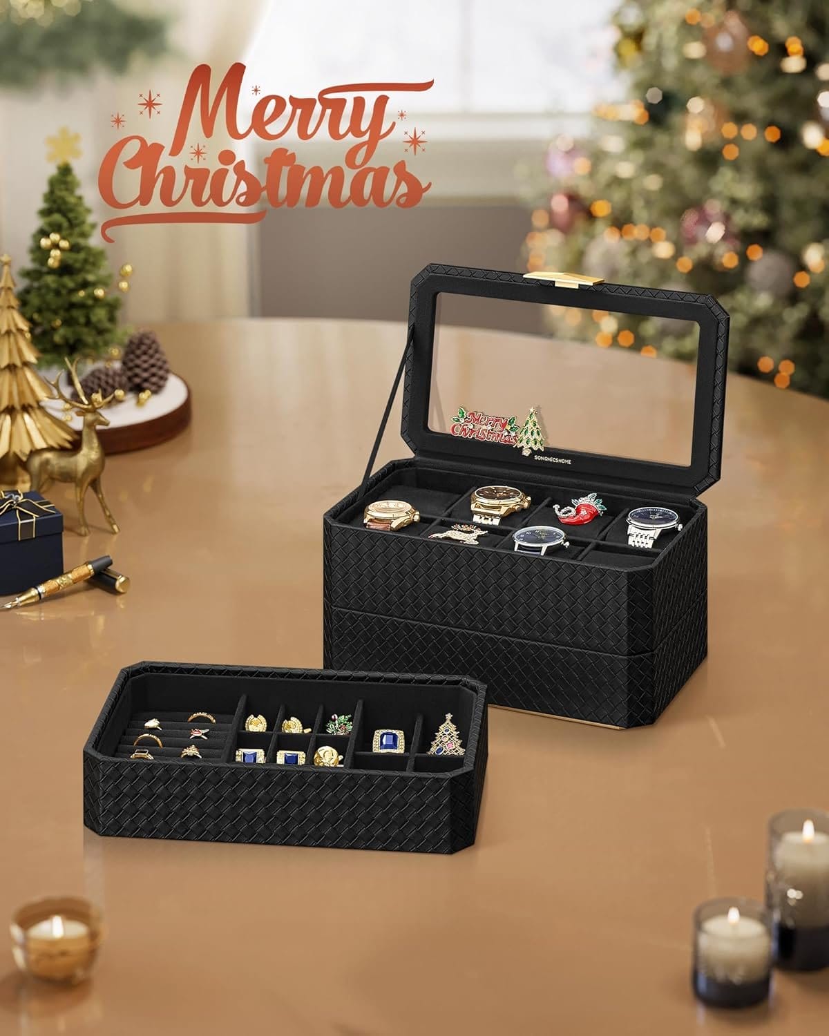 SONGMICS Watch Box, Watch Case with Glass Lid, 2-Tier Watch Display Case for 12 Watches, Lockable, 1 Drawer, for Rings, Bracelets, Gift Idea, Black Synthetic Leather, Greenish Beige Lining JWB012 2 SONGMICS Watch Box, Watch Case with Glass Lid, 2-Tier Watch Display Case for 12 Watches, Lockable, 1 Drawer, for Rings, Bracelets, Gift Idea, Black Synthetic Leather, Greenish Beige Lining JWB012 - Billede 2