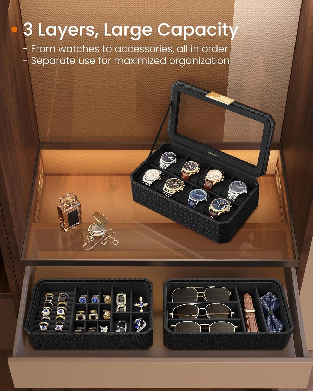 SONGMICS Watch Box, Watch Case with Glass Lid, 2-Tier Watch Display Case for 12 Watches, Lockable, 1 Drawer, for Rings, Bracelets, Gift Idea, Black Synthetic Leather, Greenish Beige Lining JWB012 4 SONGMICS Watch Box, Watch Case with Glass Lid, 2-Tier Watch Display Case for 12 Watches, Lockable, 1 Drawer, for Rings, Bracelets, Gift Idea, Black Synthetic Leather, Greenish Beige Lining JWB012 - Billede 4