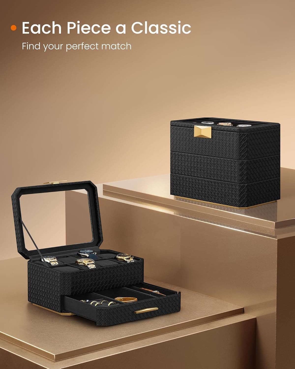 SONGMICS Watch Box, Watch Case with Glass Lid, 2-Tier Watch Display Case for 12 Watches, Lockable, 1 Drawer, for Rings, Bracelets, Gift Idea, Black Synthetic Leather, Greenish Beige Lining JWB012 6 SONGMICS Watch Box, Watch Case with Glass Lid, 2-Tier Watch Display Case for 12 Watches, Lockable, 1 Drawer, for Rings, Bracelets, Gift Idea, Black Synthetic Leather, Greenish Beige Lining JWB012 - Billede 6