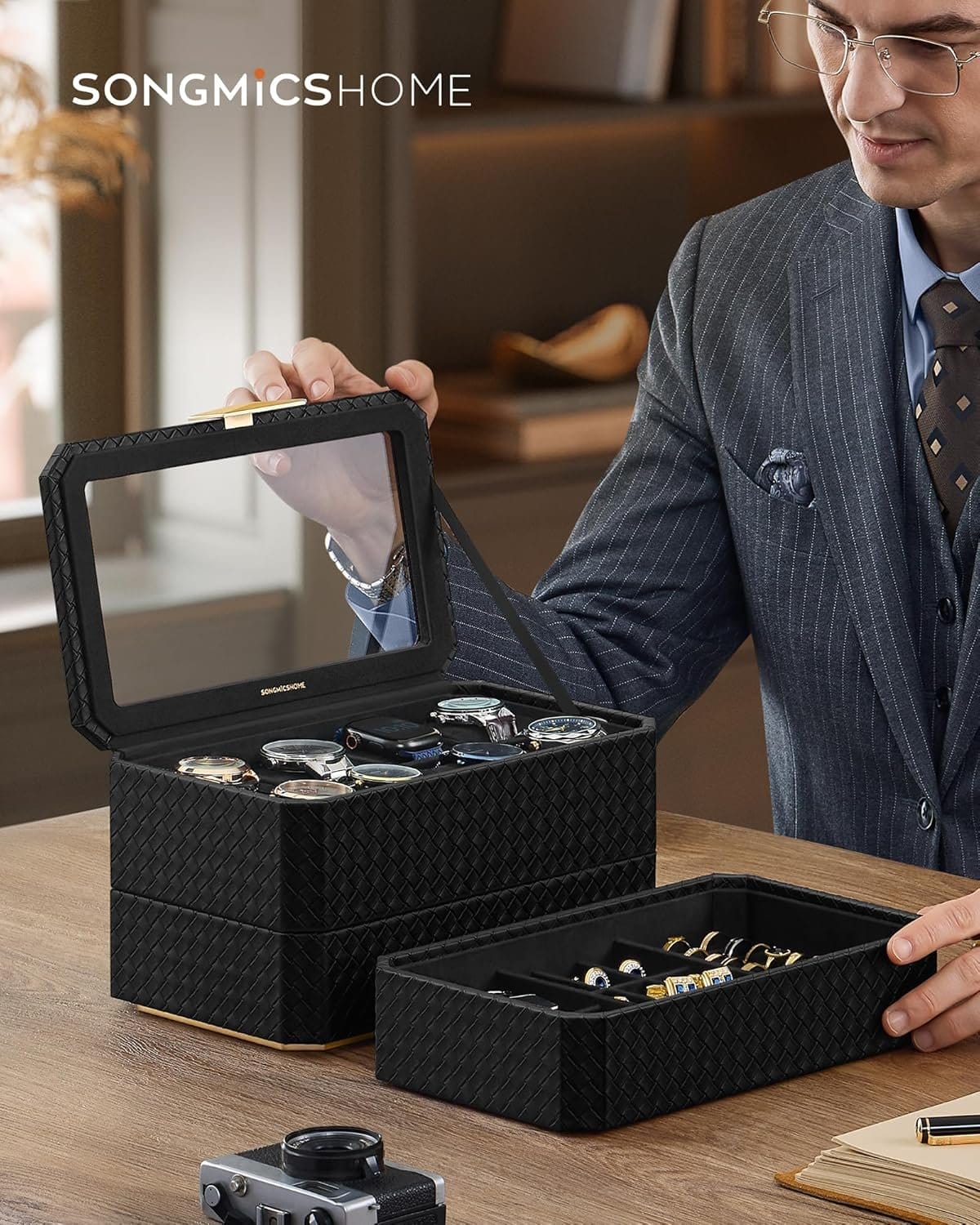 SONGMICS Watch Box, Watch Case with Glass Lid, 2-Tier Watch Display Case for 12 Watches, Lockable, 1 Drawer, for Rings, Bracelets, Gift Idea, Black Synthetic Leather, Greenish Beige Lining JWB012 7 SONGMICS Watch Box, Watch Case with Glass Lid, 2-Tier Watch Display Case for 12 Watches, Lockable, 1 Drawer, for Rings, Bracelets, Gift Idea, Black Synthetic Leather, Greenish Beige Lining JWB012 - Billede 7