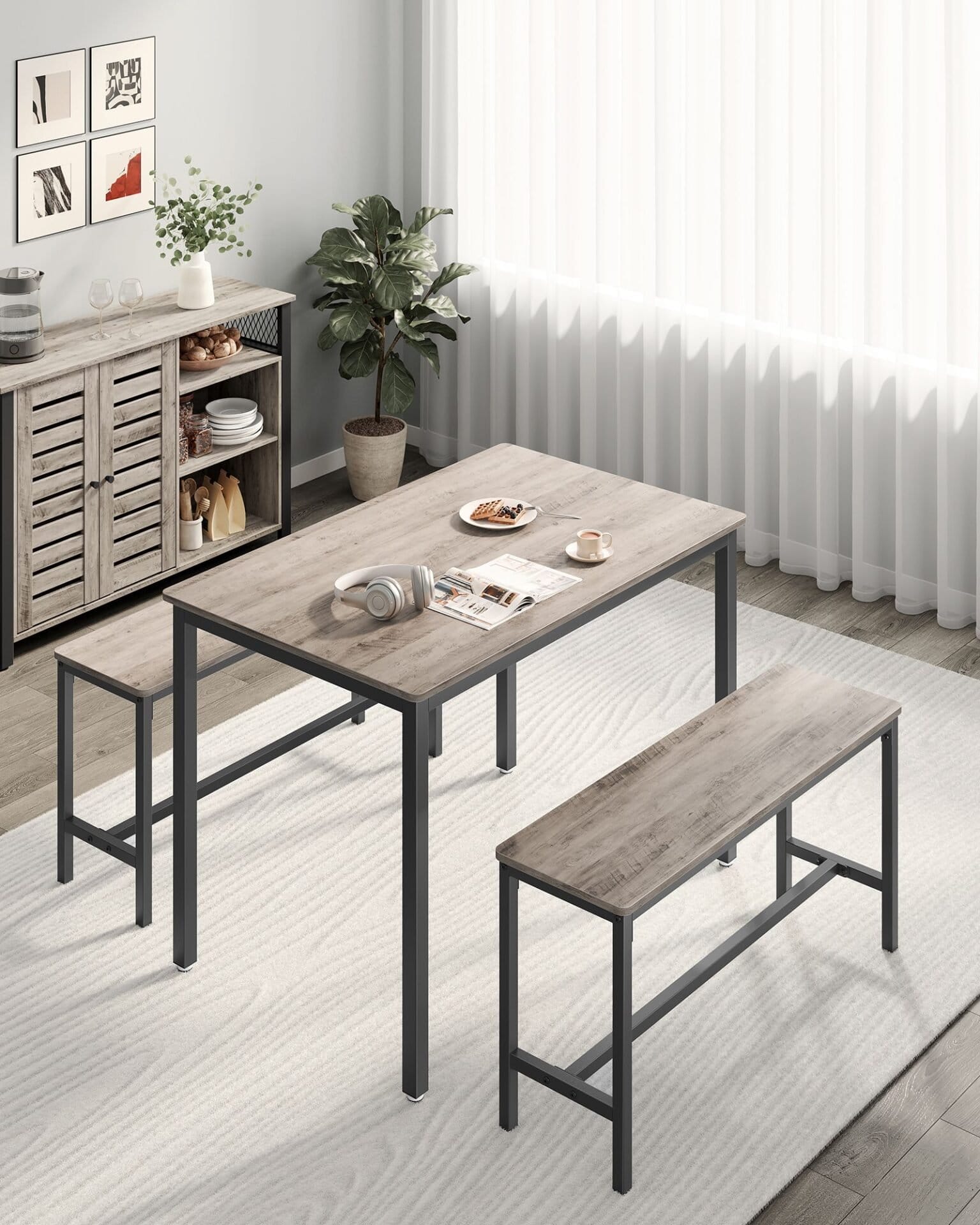 VASAGLE Dining Table with 2 Benches, Set of 3, Kitchen Table 70 x 110 x 75 cm, 2 Benches Each 30 x 97 x 50 cm, Steel Frame, Greige Mottled Ink Black KDT070B02 3 VASAGLE Dining Table with 2 Benches, Set of 3, Kitchen Table 70 x 110 x 75 cm, 2 Benches Each 30 x 97 x 50 cm, Steel Frame, Greige Mottled Ink Black KDT070B02 - Billede 3
