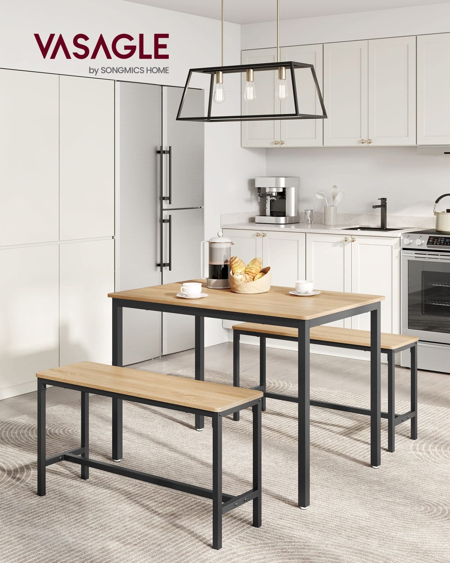 VASAGLE Dining Table with 2 Benches, Set of 3, Kitchen Table 70 x 110 x 75 cm, 2 Benches Each 30 x 97 x 50 cm, Steel Frame, Gold Oak Ink Black KDT070B09 2 VASAGLE Dining Table with 2 Benches, Set of 3, Kitchen Table 70 x 110 x 75 cm, 2 Benches Each 30 x 97 x 50 cm, Steel Frame, Gold Oak Ink Black KDT070B09 - Billede 2