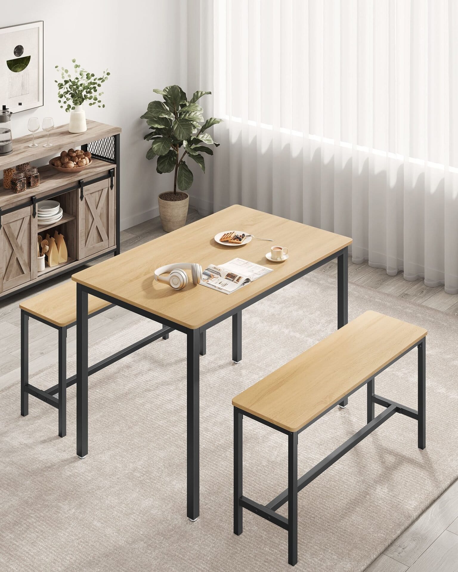 VASAGLE Dining Table with 2 Benches, Set of 3, Kitchen Table 70 x 110 x 75 cm, 2 Benches Each 30 x 97 x 50 cm, Steel Frame, Gold Oak Ink Black KDT070B09 3 VASAGLE Dining Table with 2 Benches, Set of 3, Kitchen Table 70 x 110 x 75 cm, 2 Benches Each 30 x 97 x 50 cm, Steel Frame, Gold Oak Ink Black KDT070B09 - Billede 3