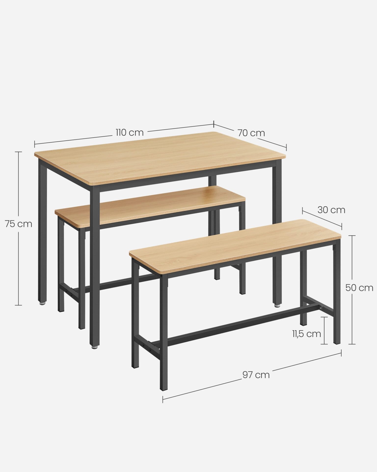 VASAGLE Dining Table with 2 Benches, Set of 3, Kitchen Table 70 x 110 x 75 cm, 2 Benches Each 30 x 97 x 50 cm, Steel Frame, Gold Oak Ink Black KDT070B09 4 VASAGLE Dining Table with 2 Benches, Set of 3, Kitchen Table 70 x 110 x 75 cm, 2 Benches Each 30 x 97 x 50 cm, Steel Frame, Gold Oak Ink Black KDT070B09 - Billede 4