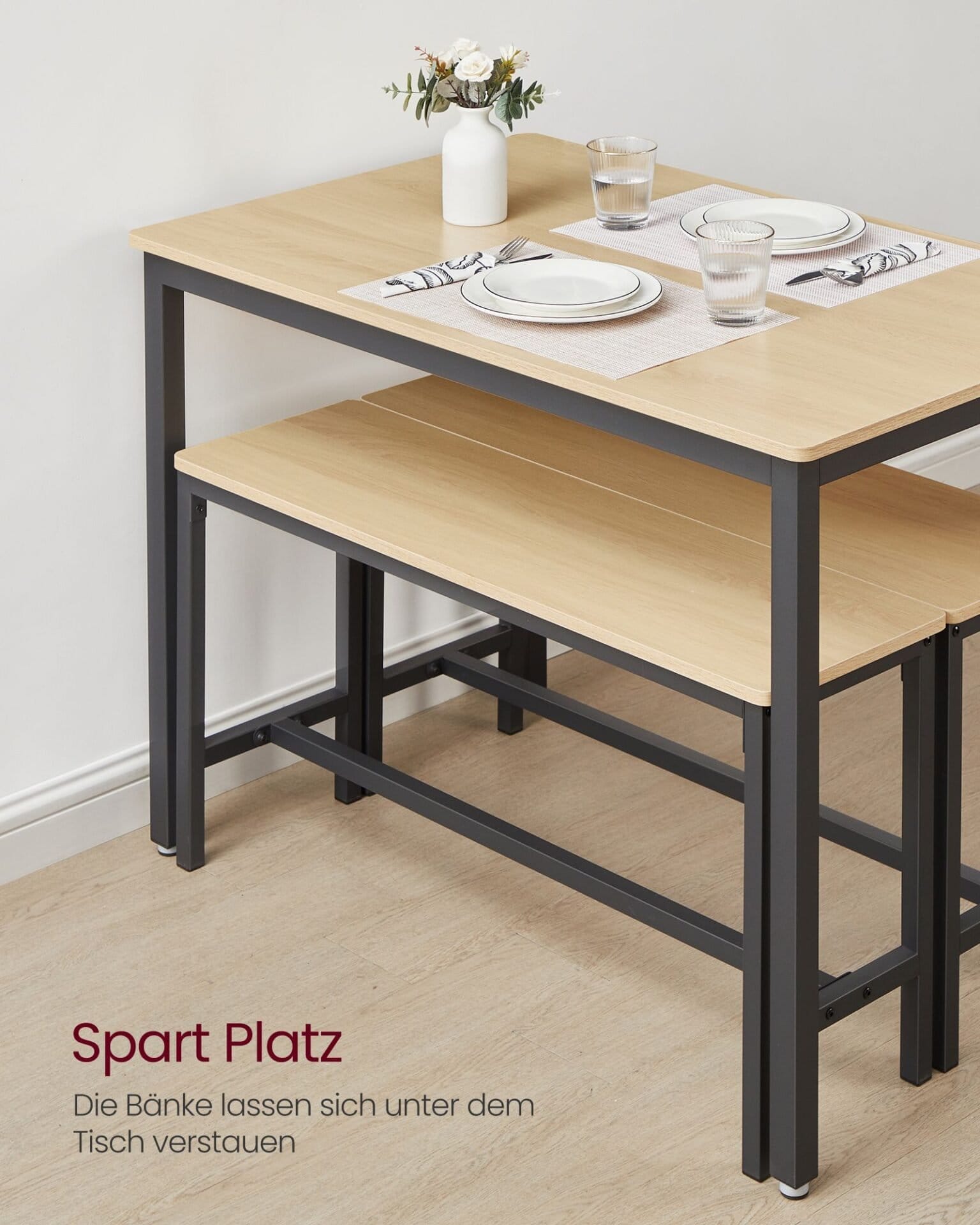 VASAGLE Dining Table with 2 Benches, Set of 3, Kitchen Table 70 x 110 x 75 cm, 2 Benches Each 30 x 97 x 50 cm, Steel Frame, Gold Oak Ink Black KDT070B09 5 VASAGLE Dining Table with 2 Benches, Set of 3, Kitchen Table 70 x 110 x 75 cm, 2 Benches Each 30 x 97 x 50 cm, Steel Frame, Gold Oak Ink Black KDT070B09 - Billede 5